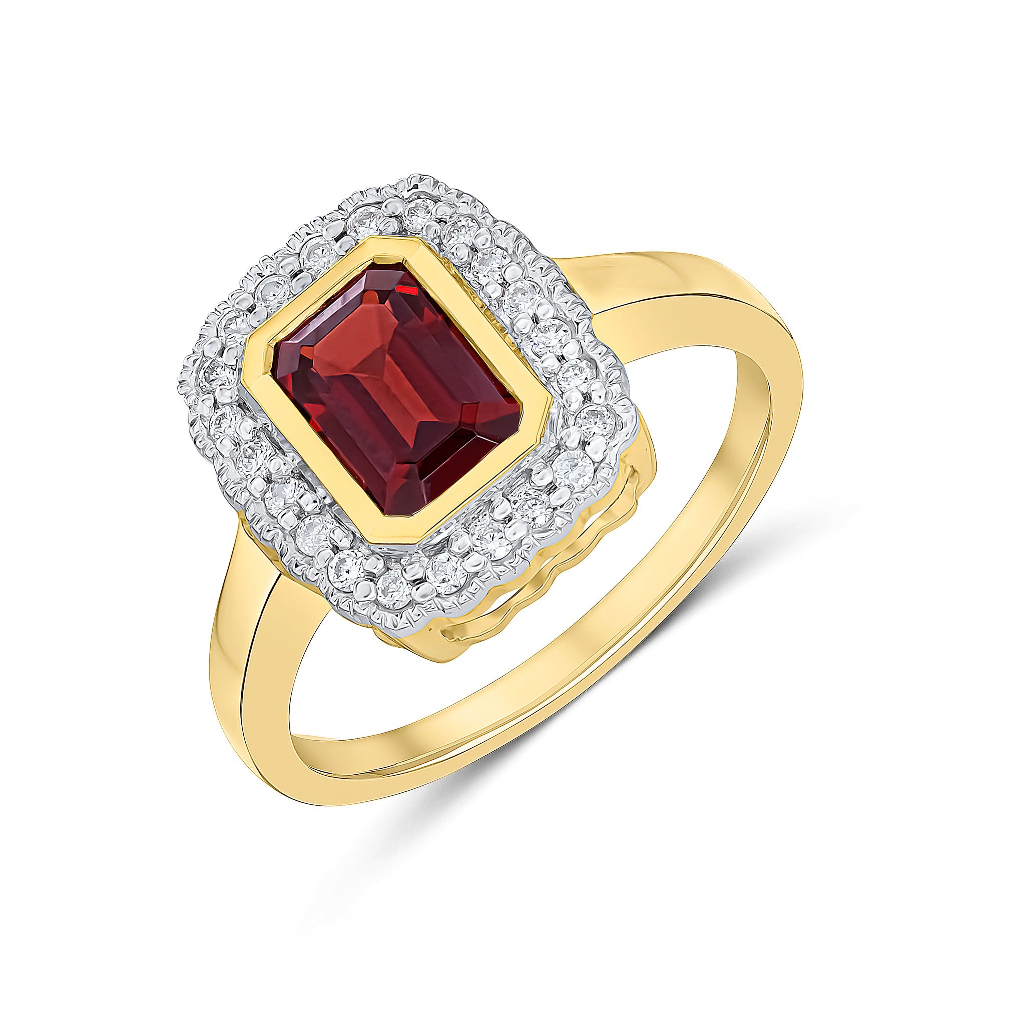 9CT YG RUBOVER 7X5 OCTAGON GARNET AND DIAMOND CLUSTER RING WITH MILLEGRAIN EDGE. RHODIUM TO DIAMONDS 1