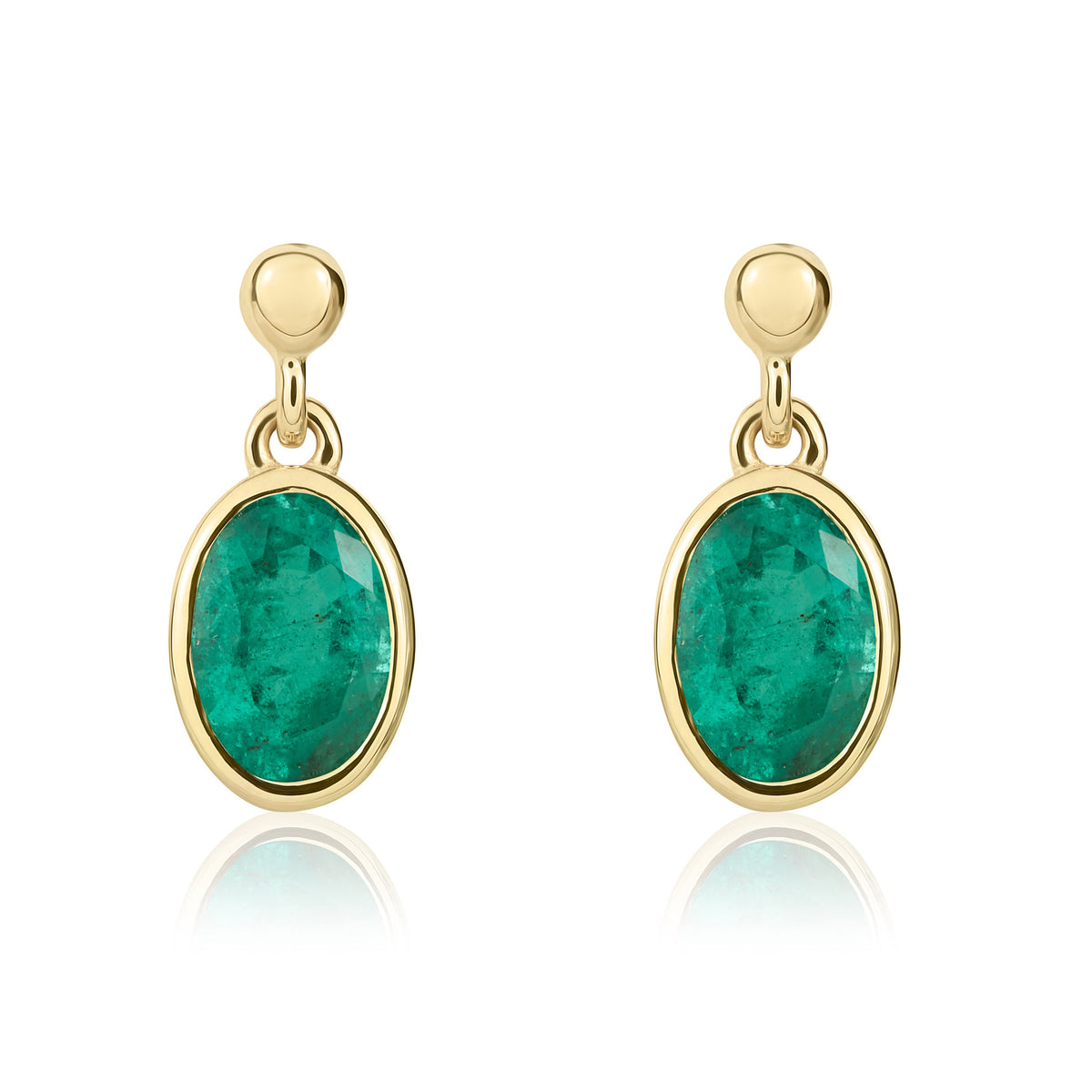 9ct Yellow Gold 7x5mm Oval Emerald Rubover Drop Earrings with Bead Top