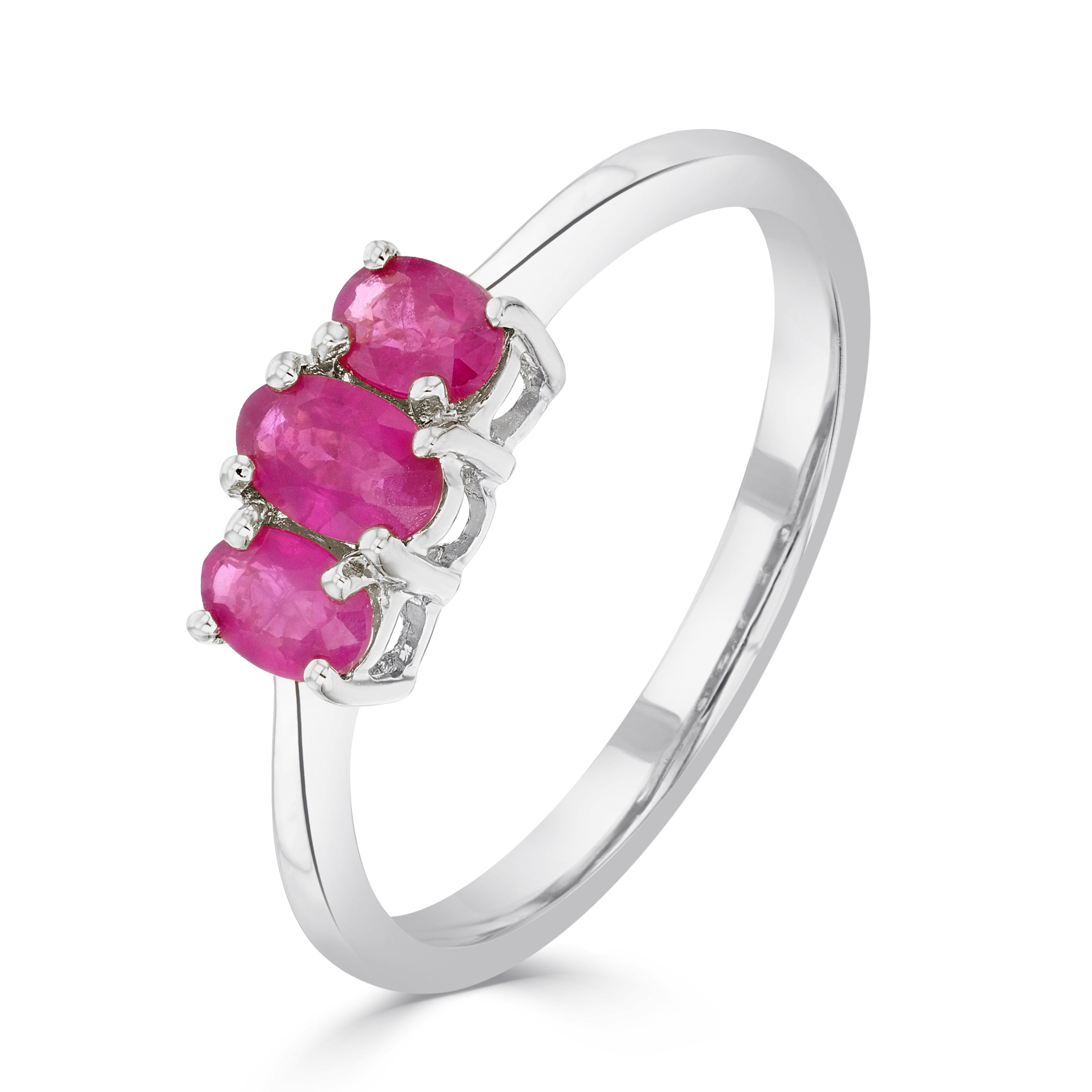 9ct White Gold Oval Ruby 3 Stone Claw Set Ring