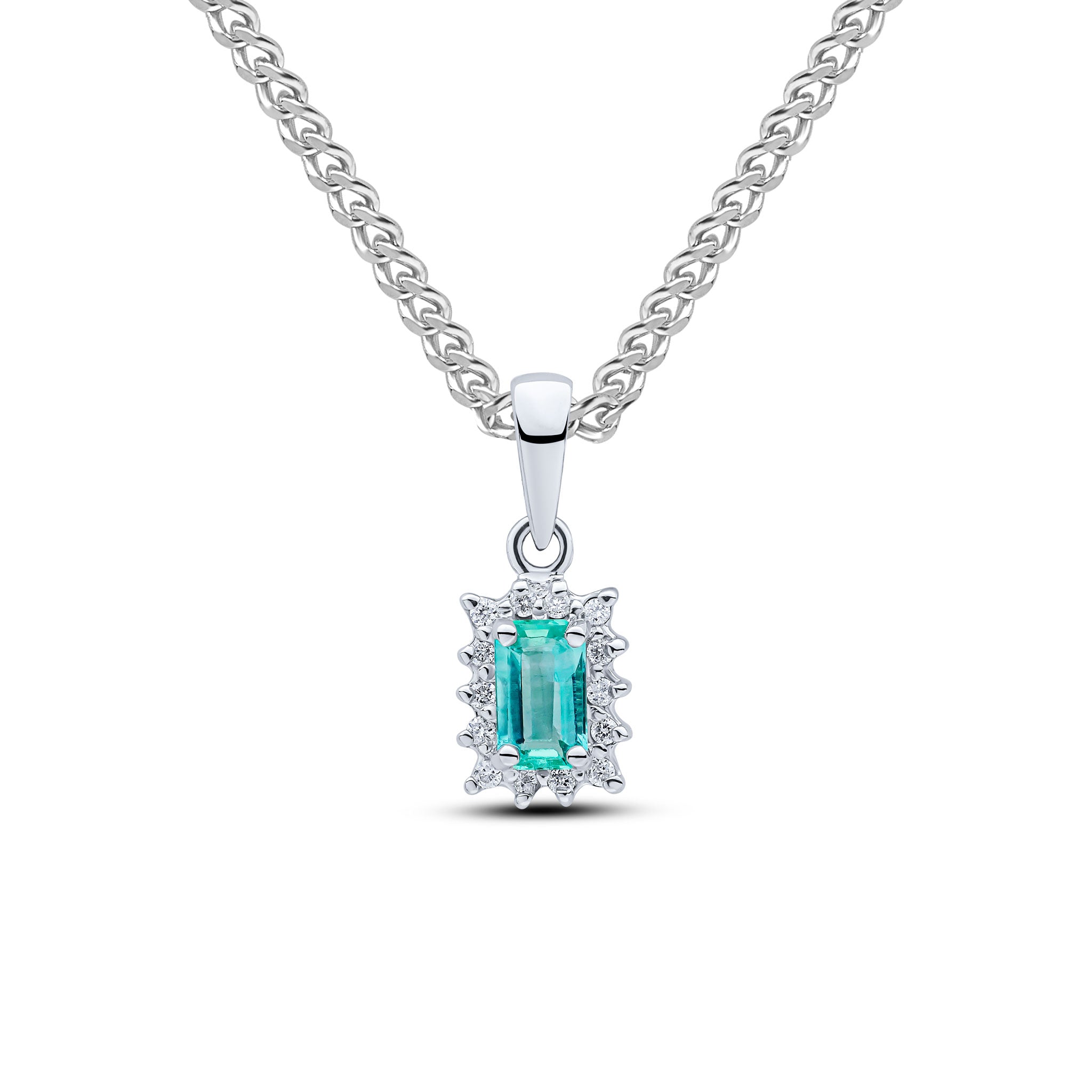 9ct White Gold 5x3 Octagon Emerald & Diamond Claw Set Cluster Pendant
