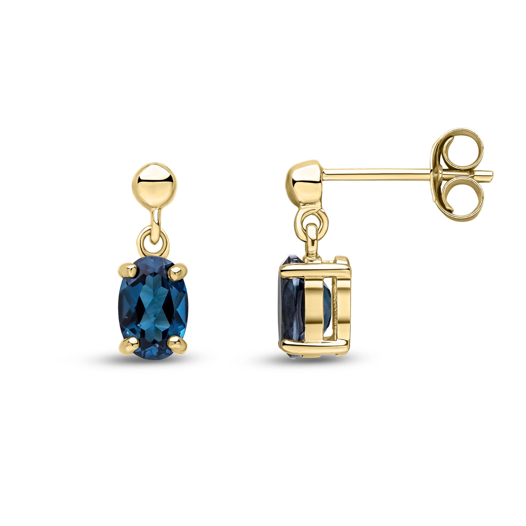 9ct Yellow Gold 6x4 Oval London Blue Topaz Claw Set Drop Earrings with Bead Top