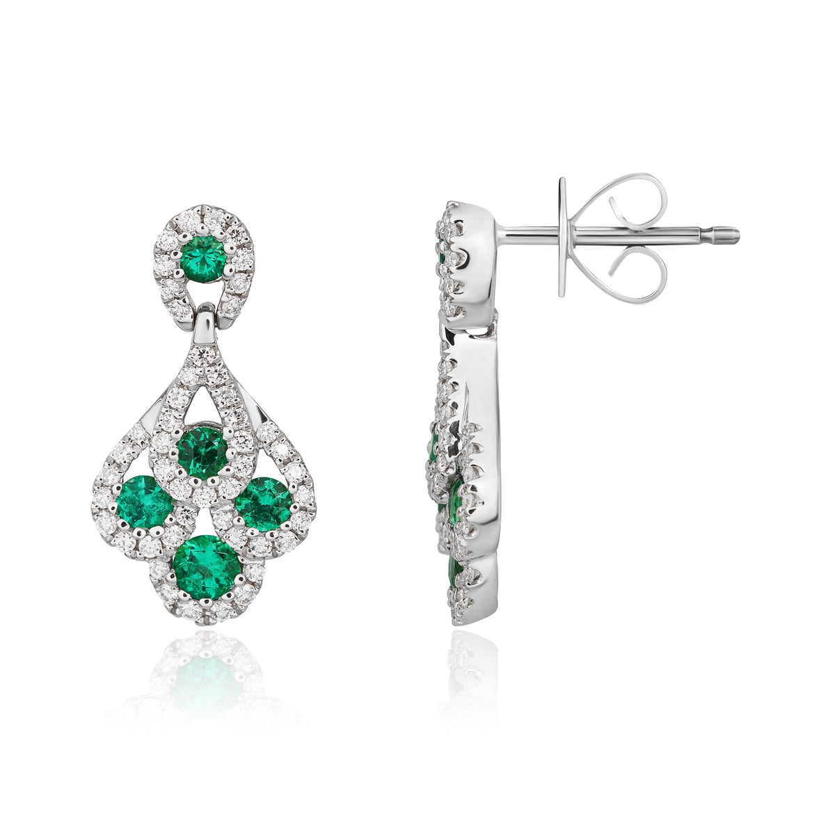 18ct White Gold Round Emerald & Diamond 'peacock' Drop Earrings