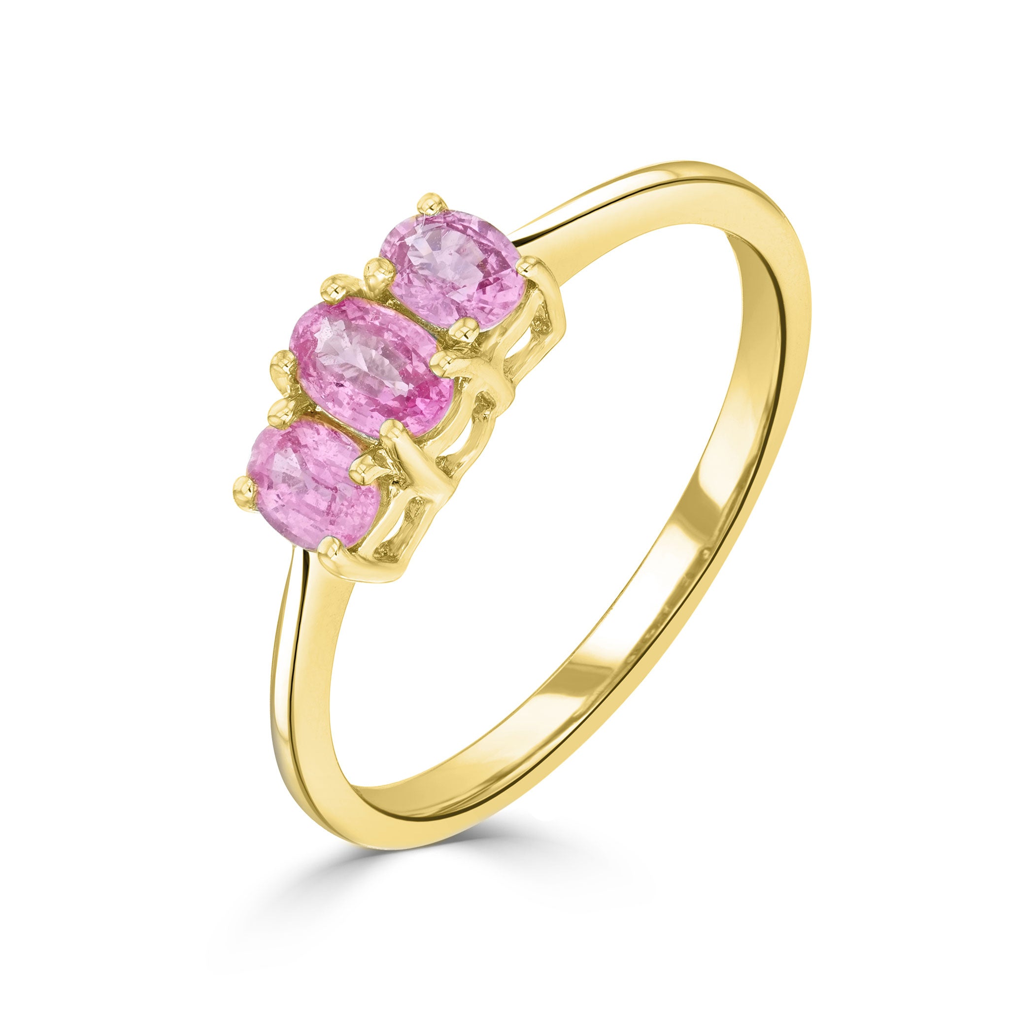 9ct Yellow Gold Oval Pink Sapphire 3 Stone Claw Set Ring