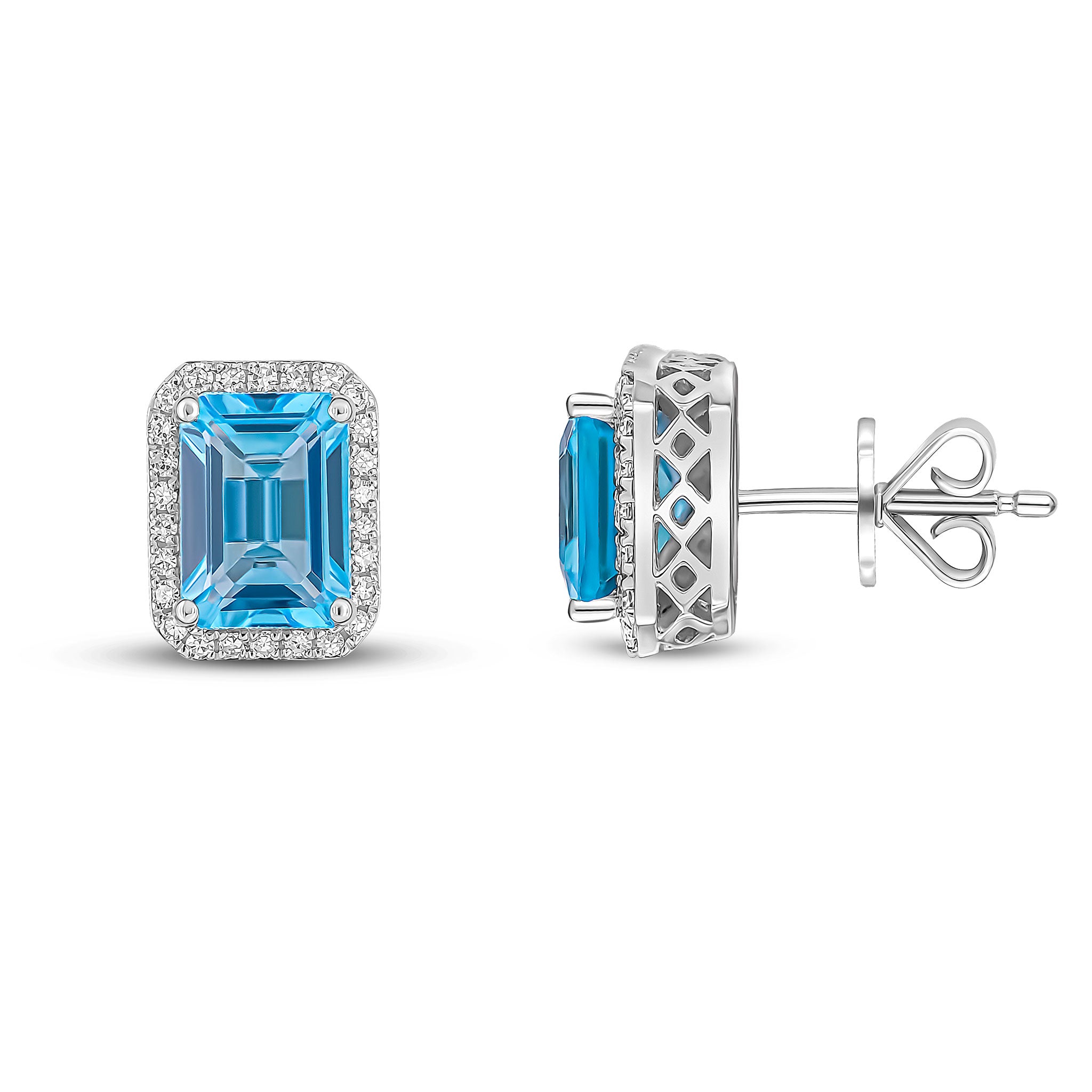 9ct White Gold 7x5 Octagon Swiss Blue Topaz & Diamond Cluster Earrings