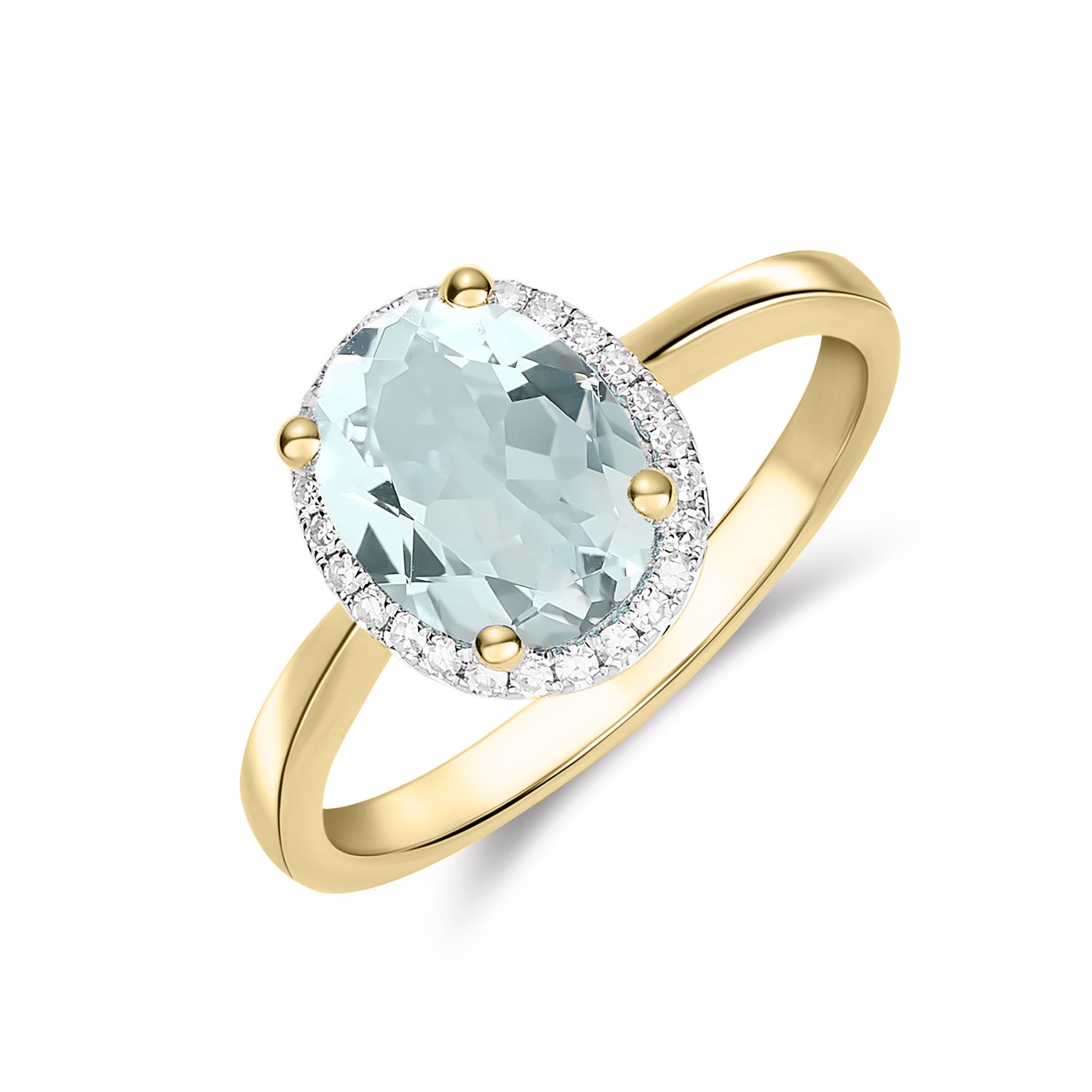9ct Yellow Gold 9x7 Oval Aquamarine & Diamond Claw Set Cluster Ring Rhodium to Diamonds