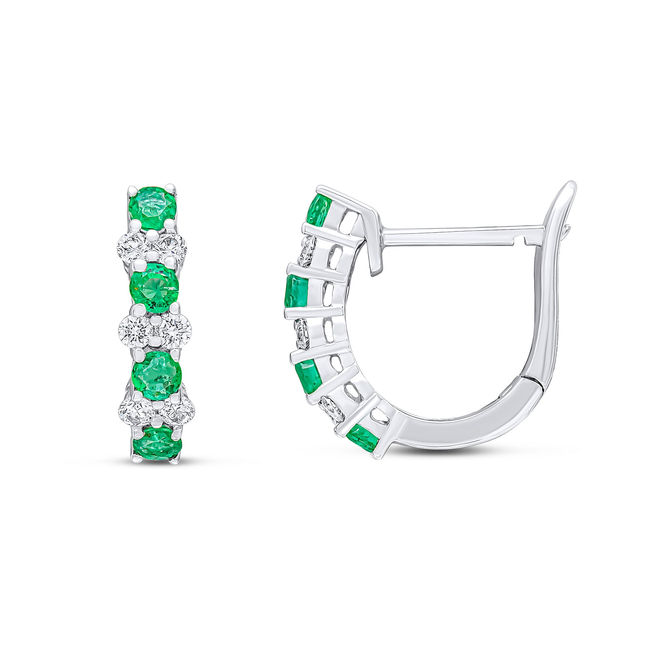 18wg Round Emerald & Diamond 2 Stone Claw Hoop Earrings