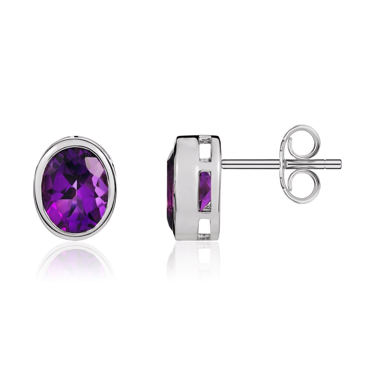 9ct White Gold 9x7 Oval Amethyst Rubover Earrings