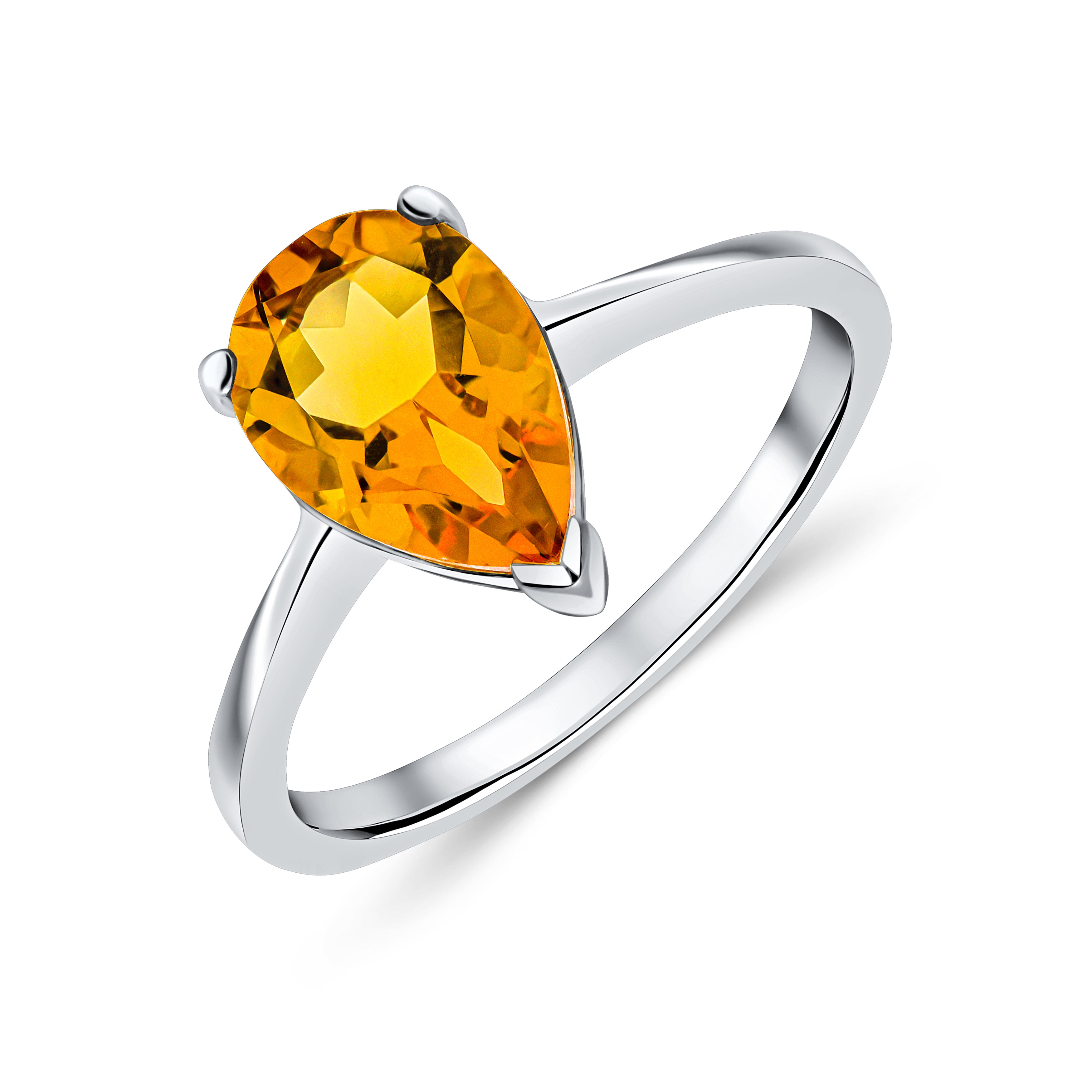 9ct White Gold 10x7mm Pear Shape Citrine Claw Single Stone Ring