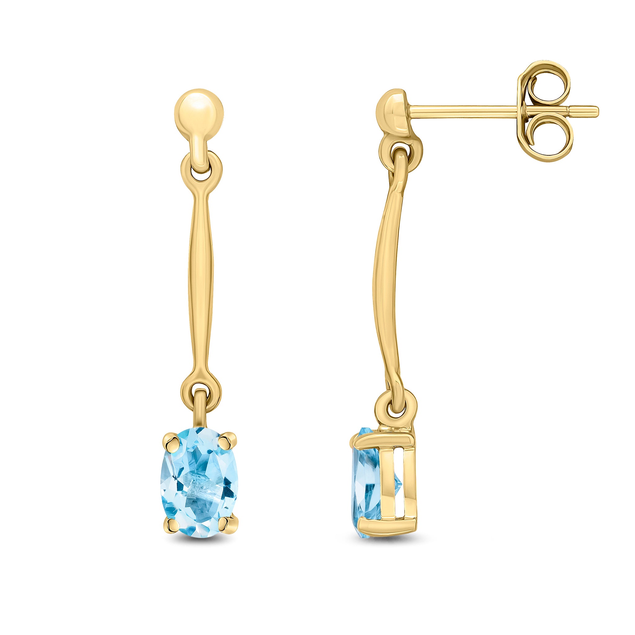 9ct Yellow Gold Claw Set 6x4mm Oval Aquamarine and Bar Drop Earrings