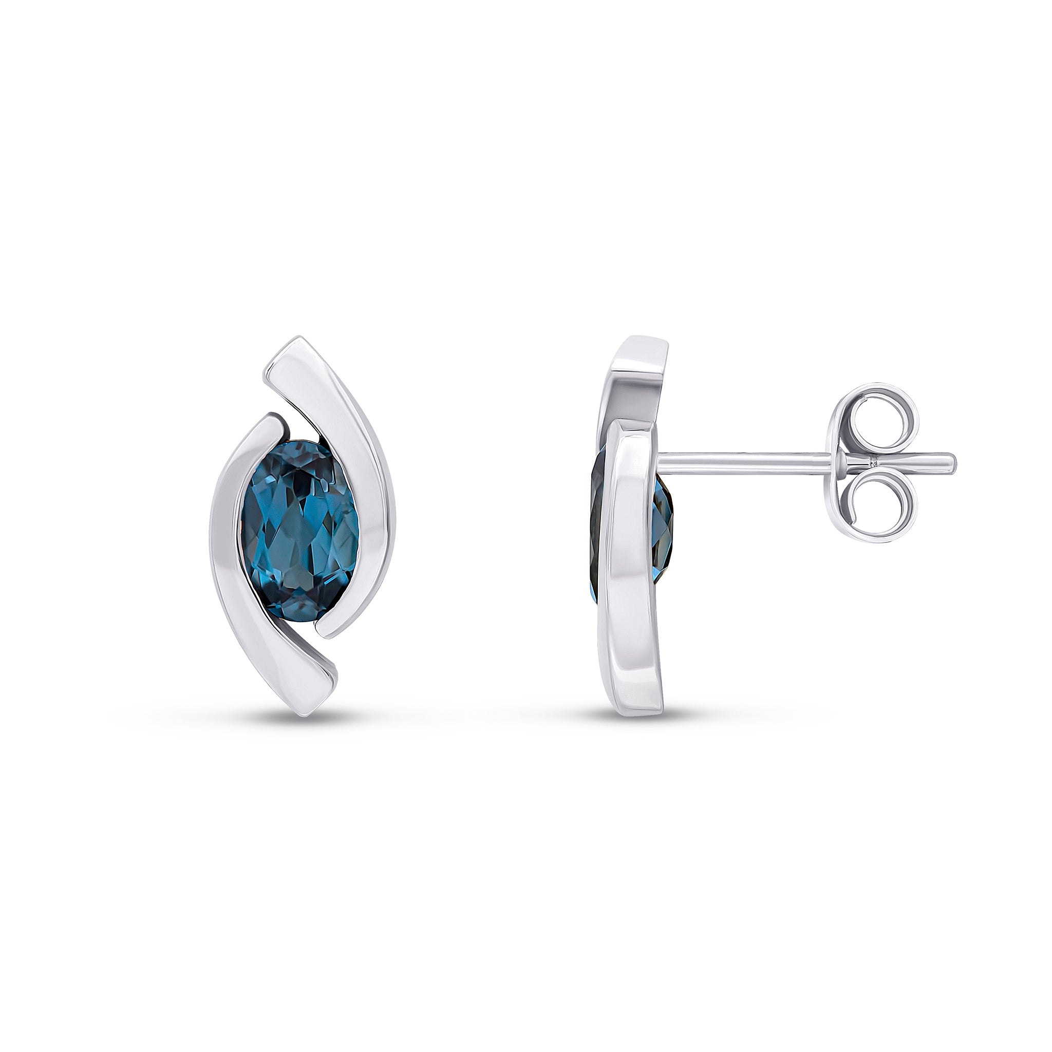 9ct White Gold 6x4 Oval London Blue Topaz 'eye' Stud Earrings