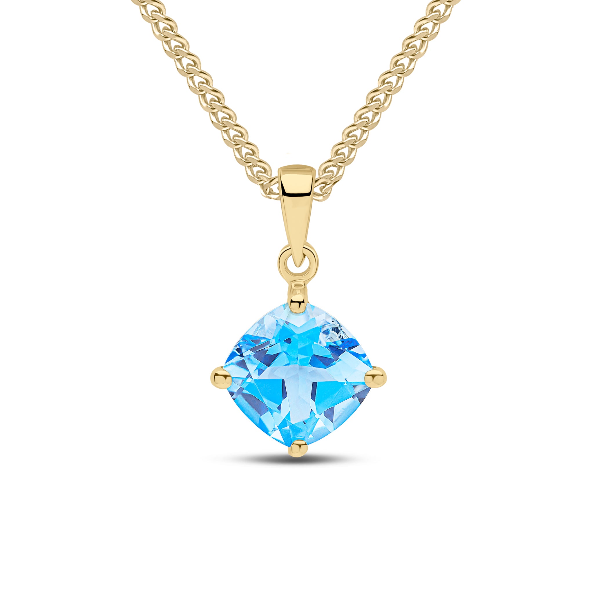 9ct Yellow Gold 8mm Cushion Swiss Blue Topaz Claw Set Pendant