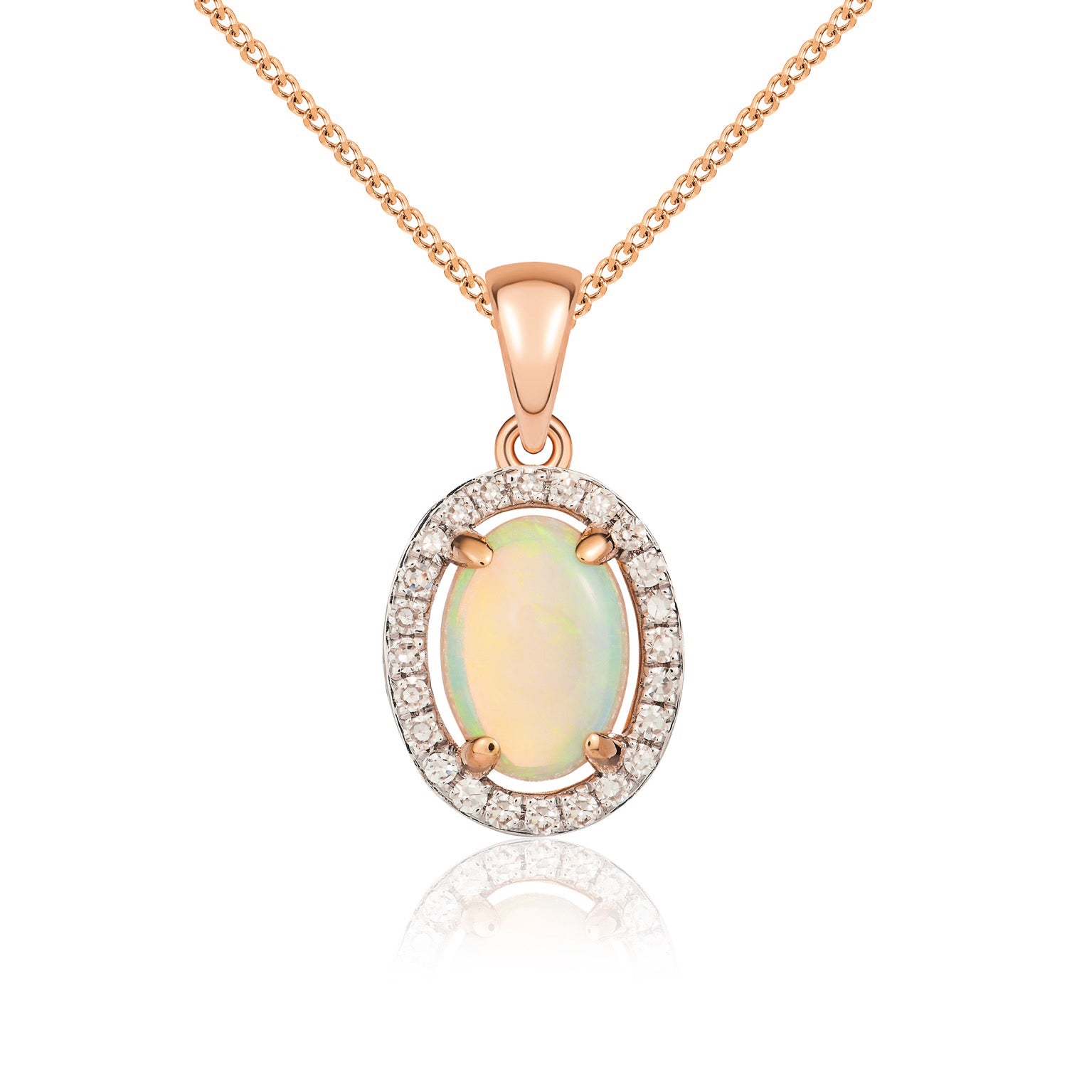 9ct Rose Gold 7x5 Oval Opal & Diamond Halo Pendant