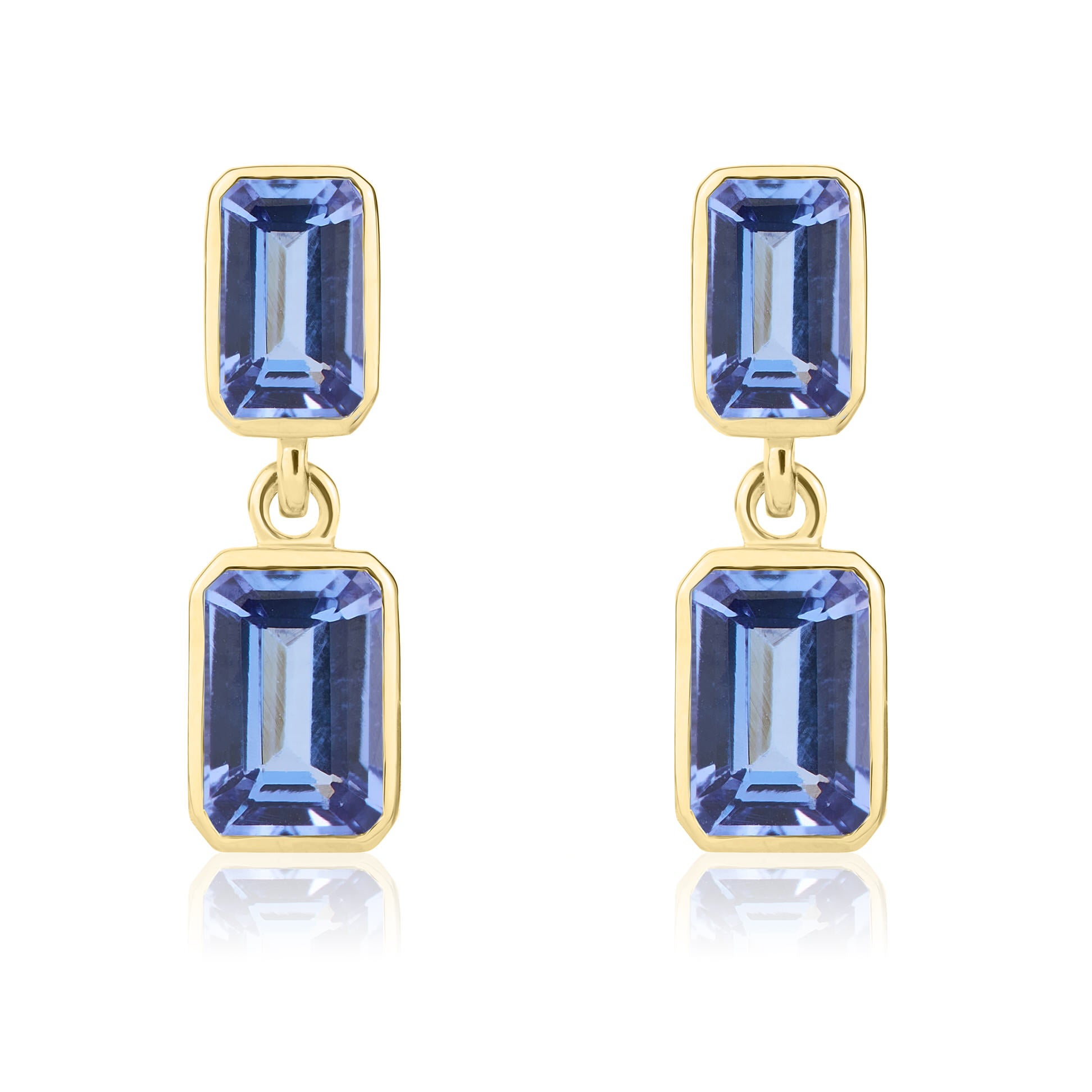 9ct Yellow Gold Octagon Tanzanite 2 Stone Rubover Drop Earrings