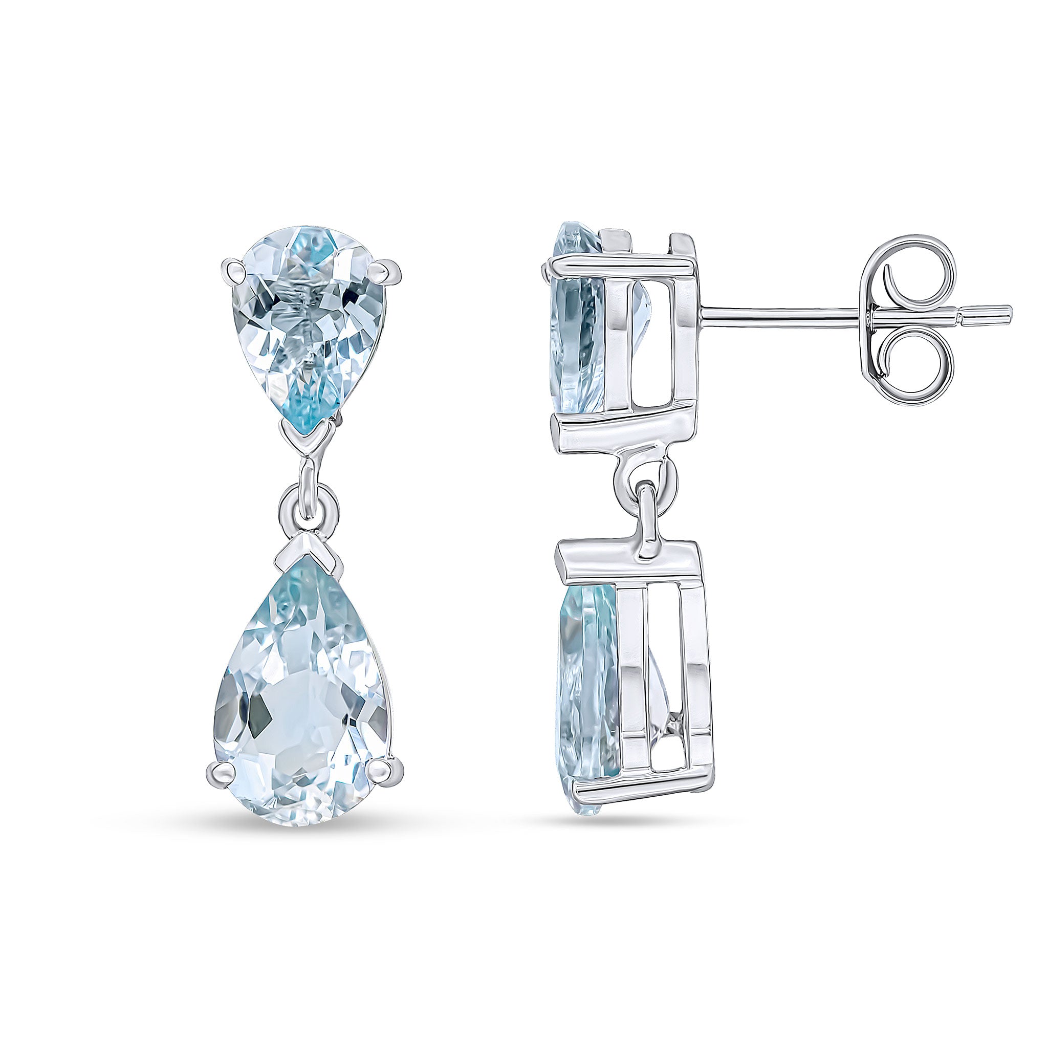9ct White Gold Pear Shape Aquamarine 2 Stone Claw Set Drop Earrings