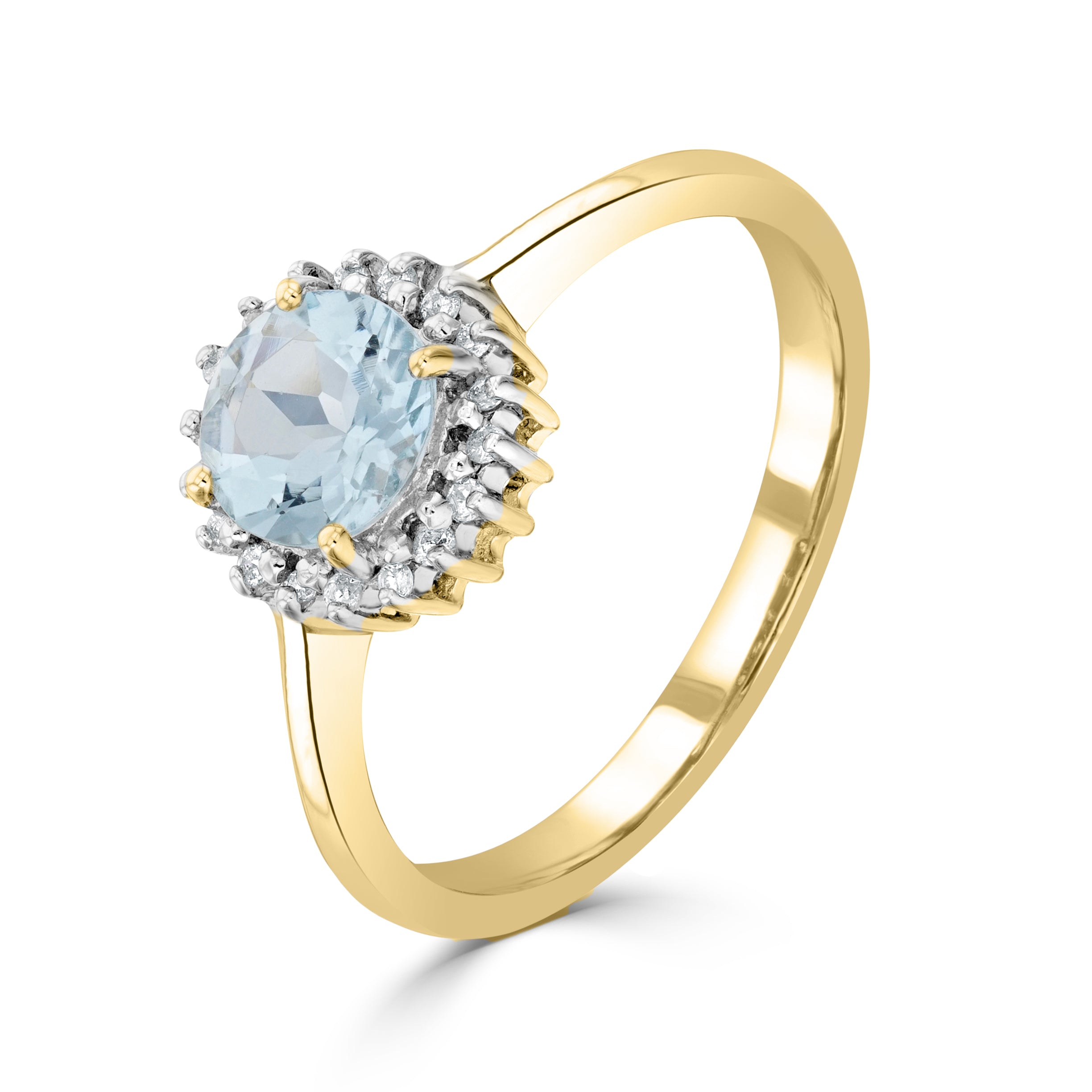 9CT YG 6MM ROUND AQUA & DIAMOND CLAW SET CLUSTER RING. RHODIUM TO DIAMONDS 1