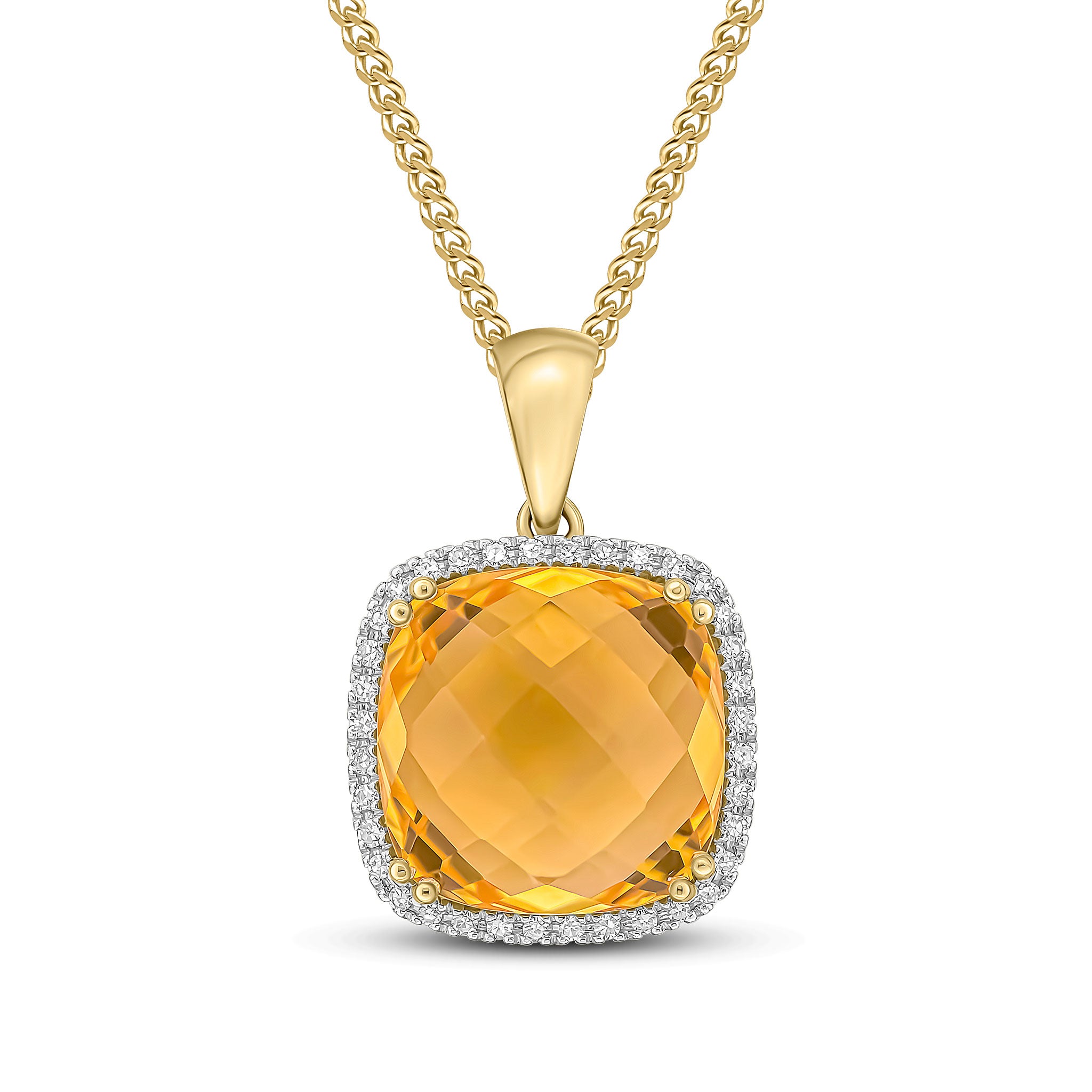 9ct Yellow Gold 12mm Checkerboard Cut Cushion Citrine & Diamond Cluster Pendant Rhodium to Diamonds