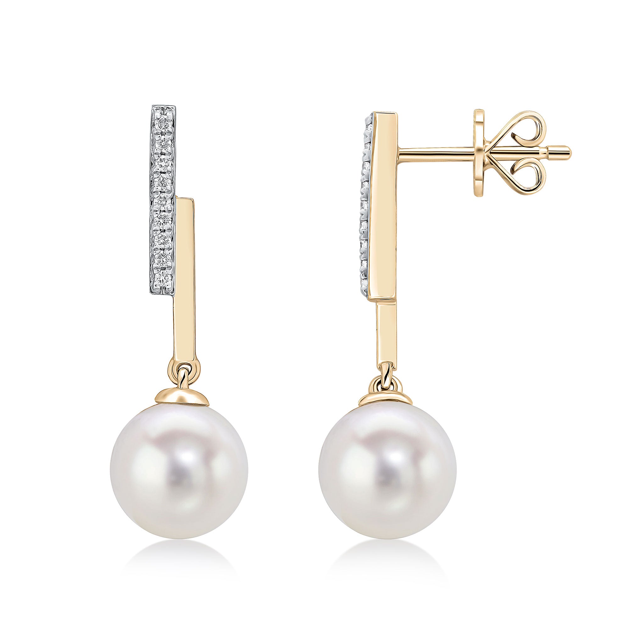 9ct Yellow Gold Polished Bar and Diamond Line Top Round Cfw Pearl Drop Earrings Rhodium to Diamonds