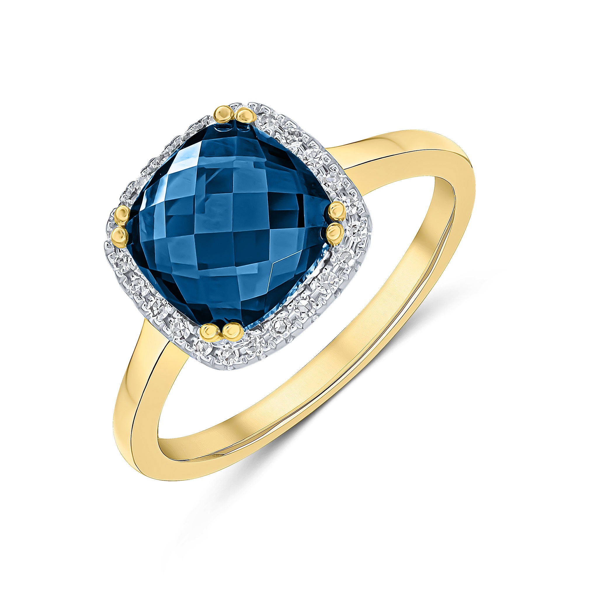9ct Yellow Gold 8mm Checkerboard Cut Cushion London Blue Topaz and Round Diamond Claw Set Cluster Ring Rhodium to Diamonds