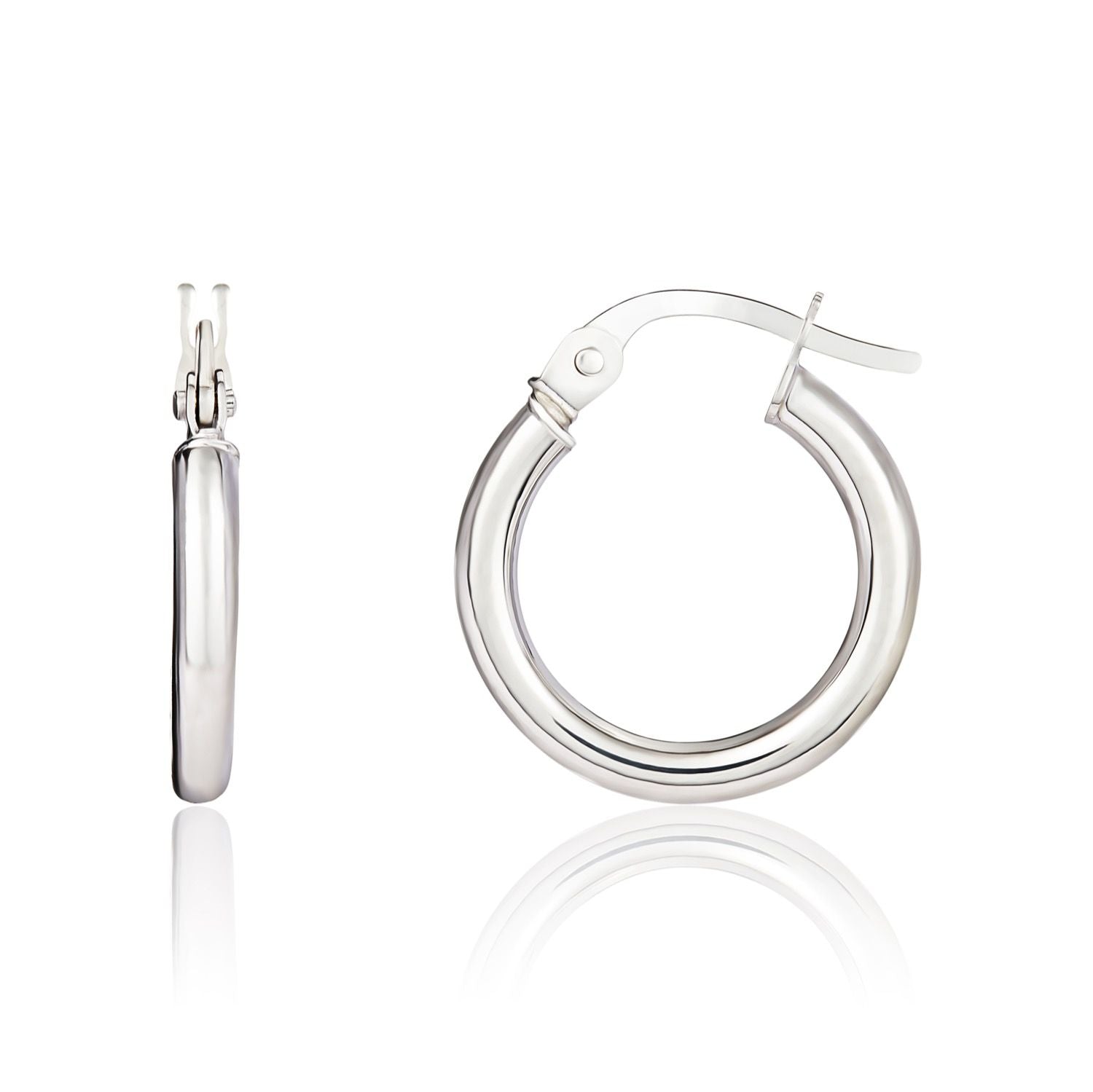 18ct white gold Polished 2mm Round Tube Hoop Earrings. 14mm Outer Diameter