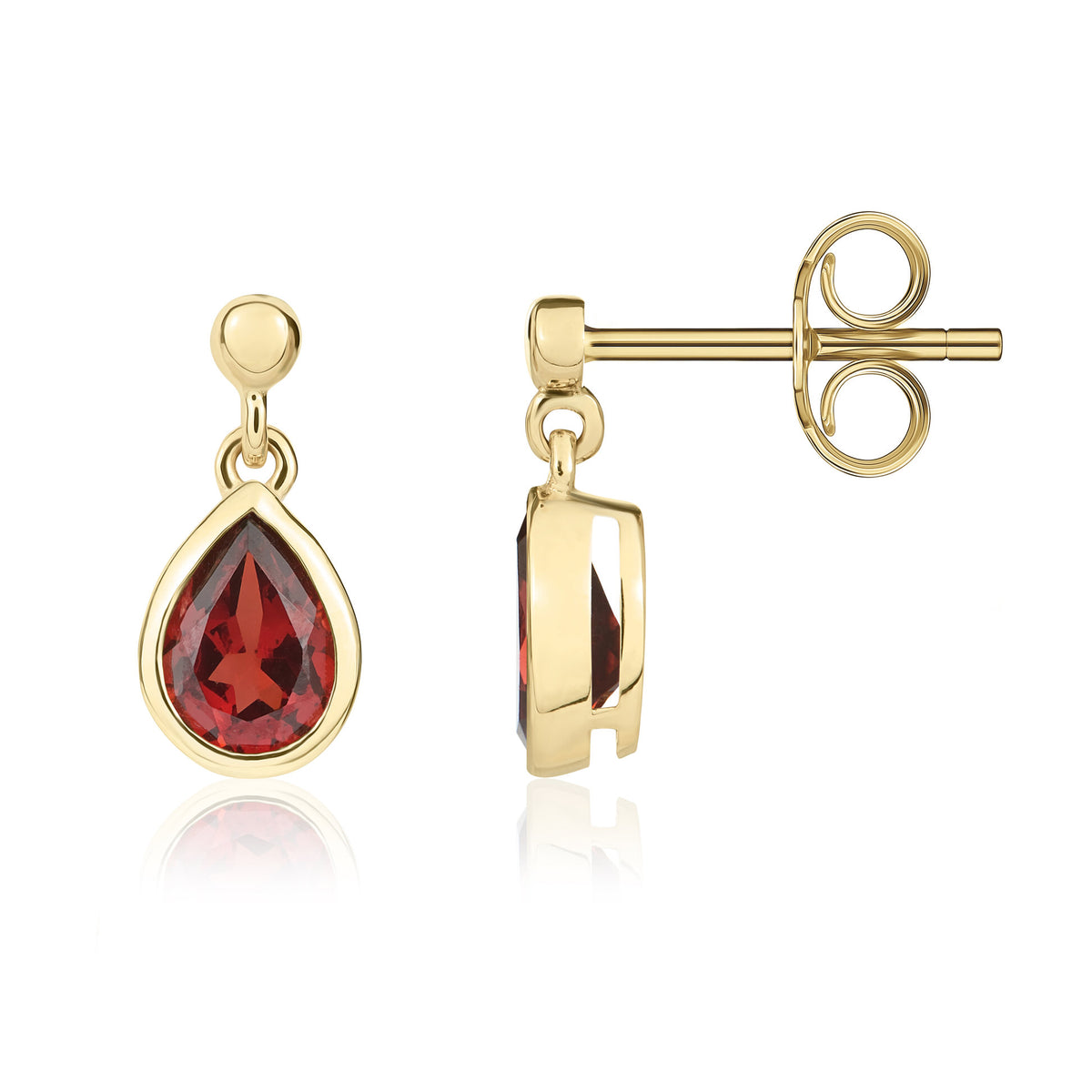 9ct Yellow Gold 6x4mm Pear Shape Garnet Rubover Drop Earrings with 2.5mm Bead Top