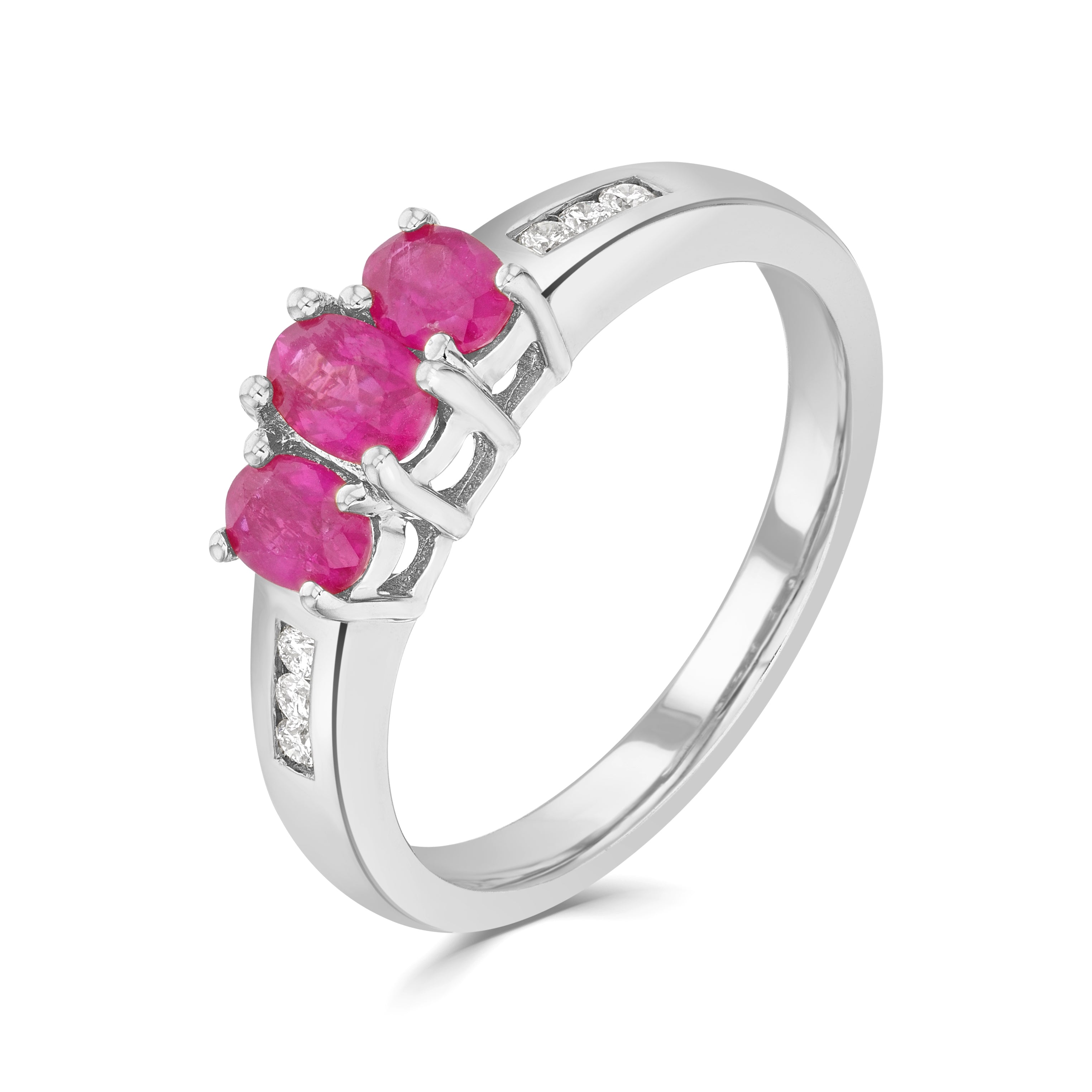 9CT WG OVAL RUBY CLAW SET 3ST RING WITH CHANNEL SET DIAMOND SHOULDERS 1