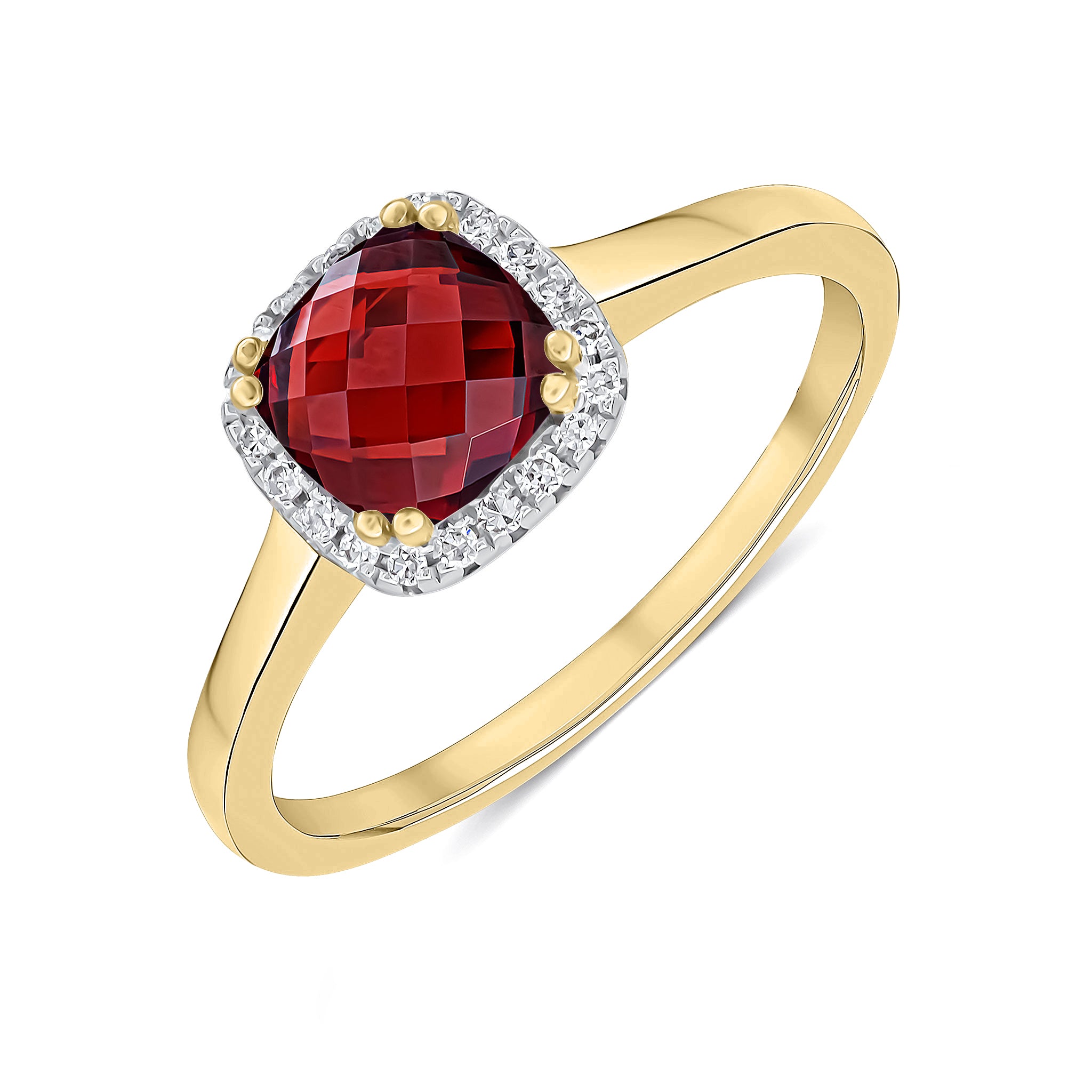 9ct Yellow Gold 6mm Checkerboard Cut Cushion Garnet and Round Diamond Claw Set Cluster Ring