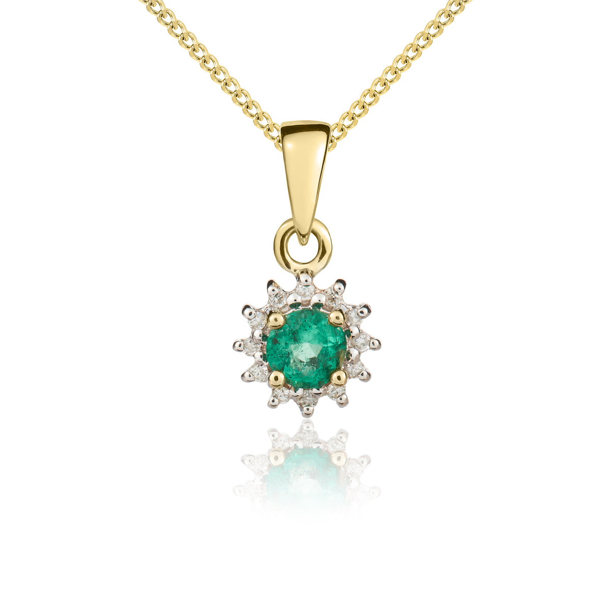 9ct Yellow Gold Round Emerald & Diamond Cluster Pendant