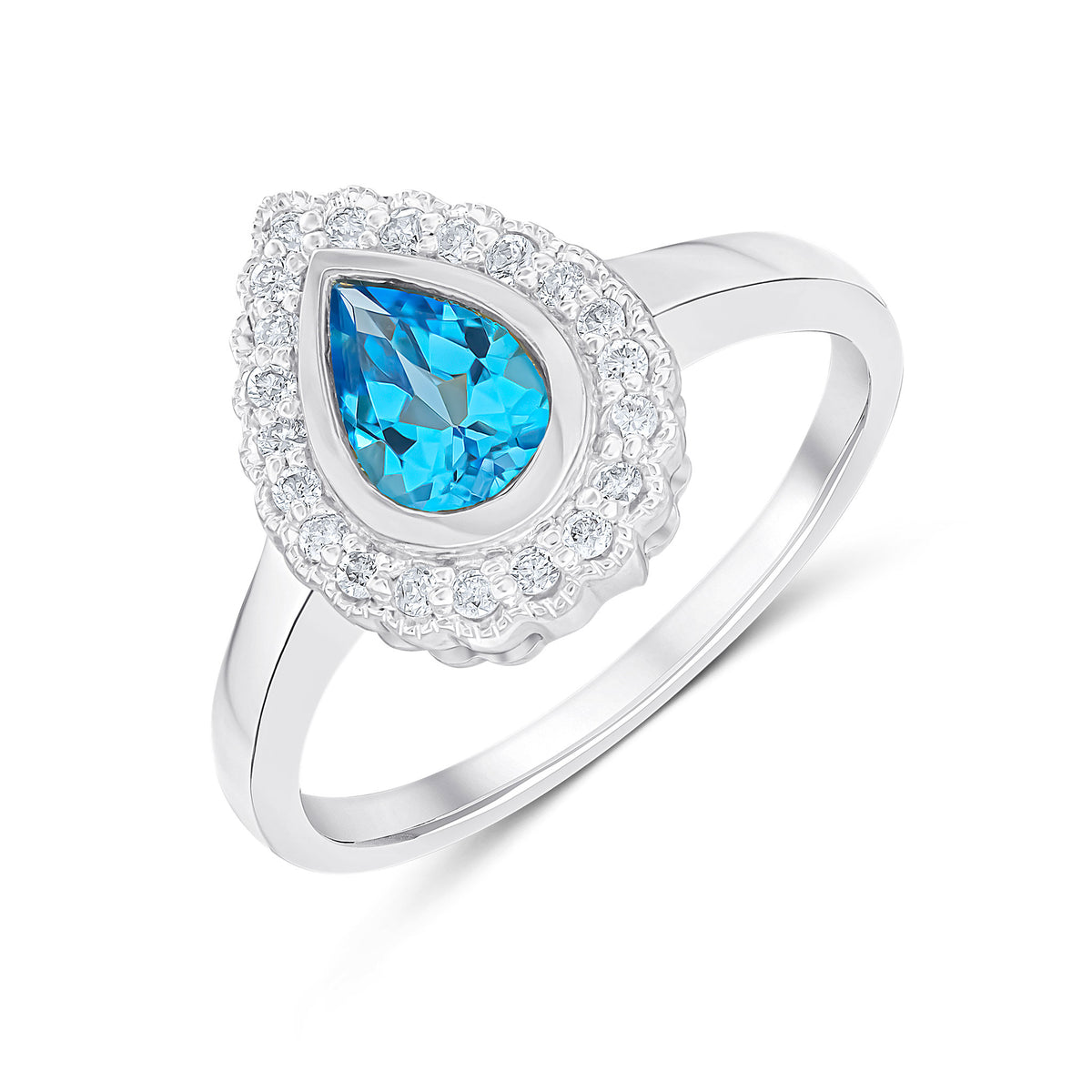 9ct White Gold Pear Shape Rubover Swiss Blue Topaz and Milgrain Round Diamond Cluster Ring