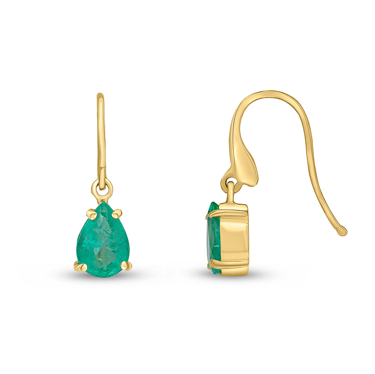 9ct Yellow Gold 7x5mm Pear Shape Emerald Claw Set Wire Hook Drop Earrings