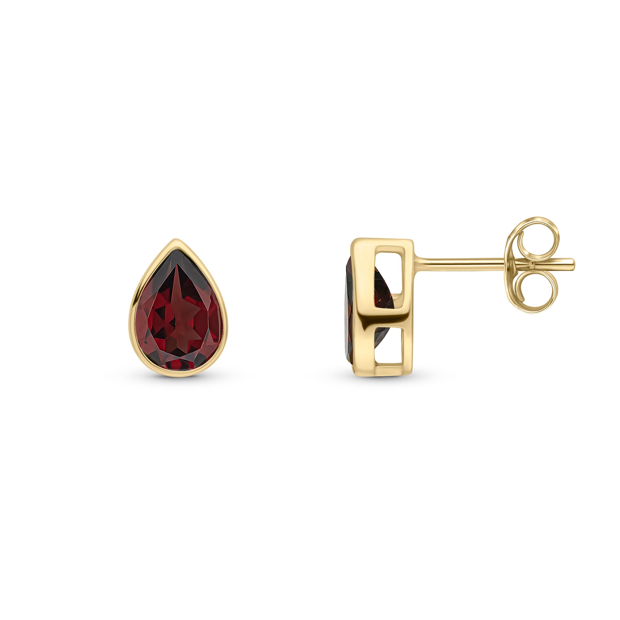 9ct Yellow Gold 7x5 Pear Shape Garnet Rubover Set Earrings