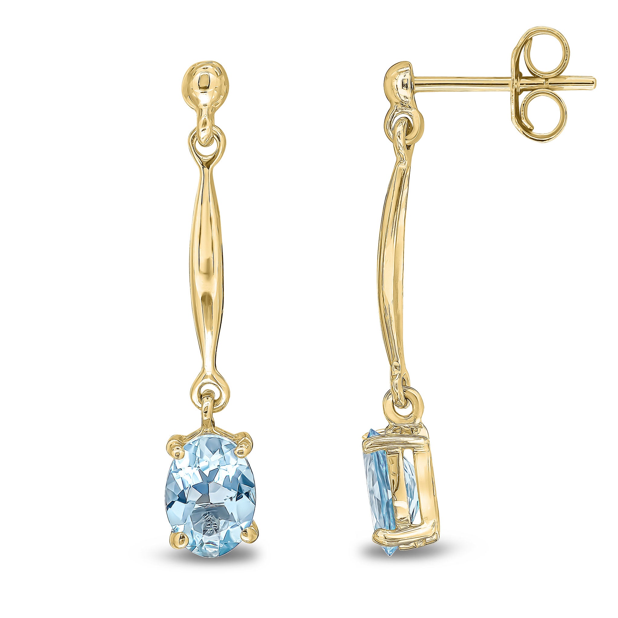 9ct Yellow Gold 7x5mm Oval Aquamarine and Bar Drop Earrings with Bead Top