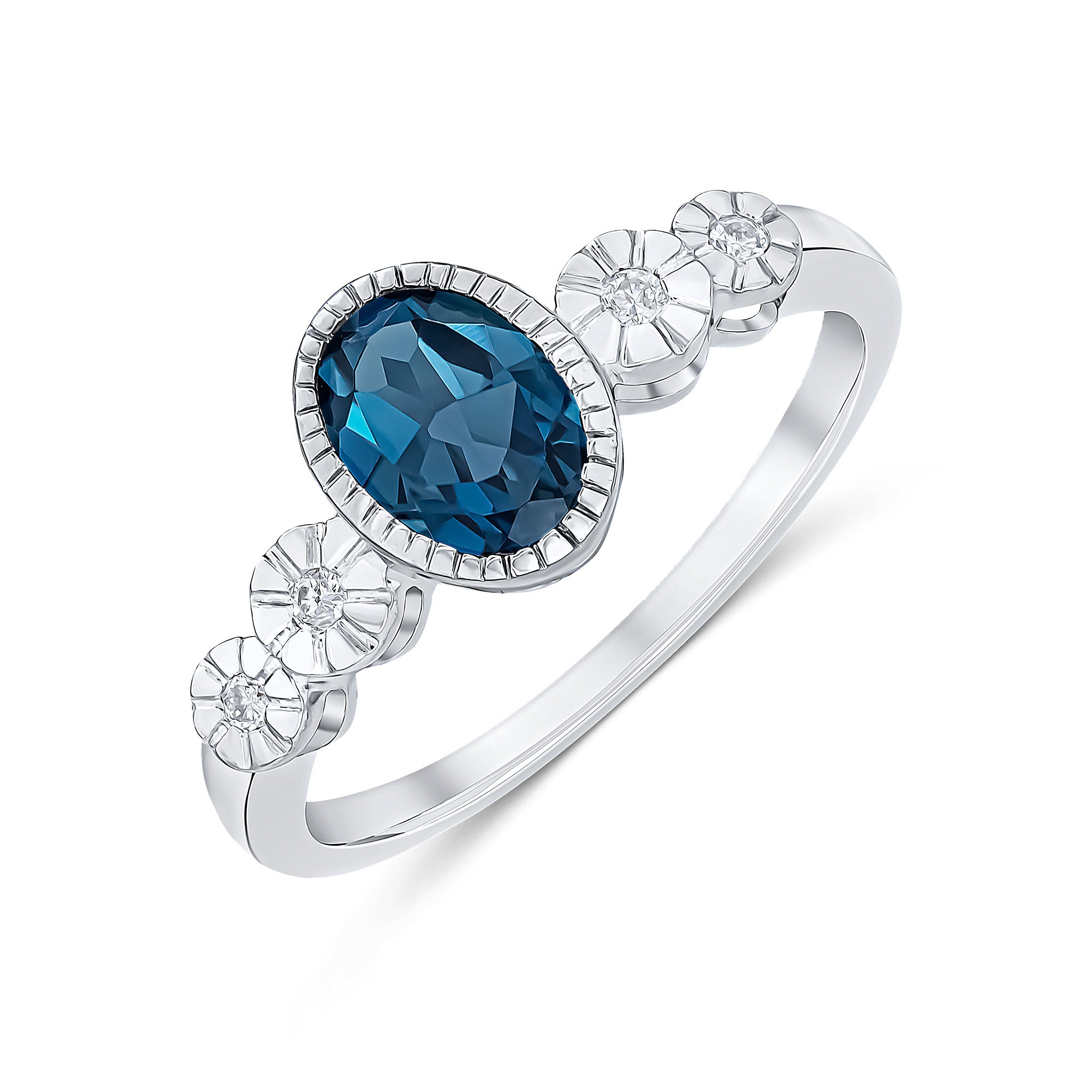 9ct White Gold Milgrain Oval London Blue Topaz and Illusion Diamond 4 Stone Shoulders Ring