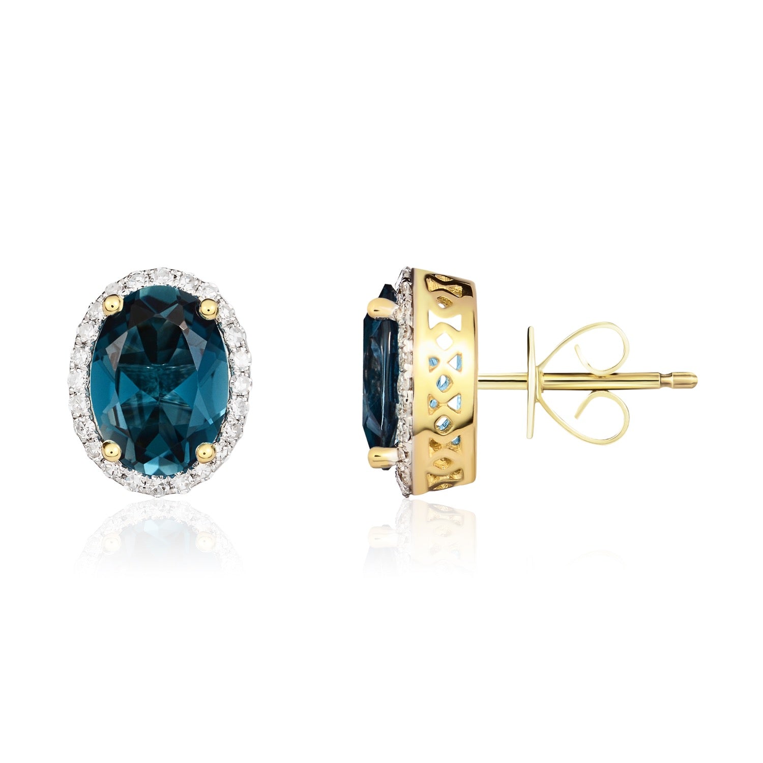 9ct Yellow Gold 8x6 Oval London Blue Topaz and Diamond Claw Cluster Earrings Rhodium to Diamonds
