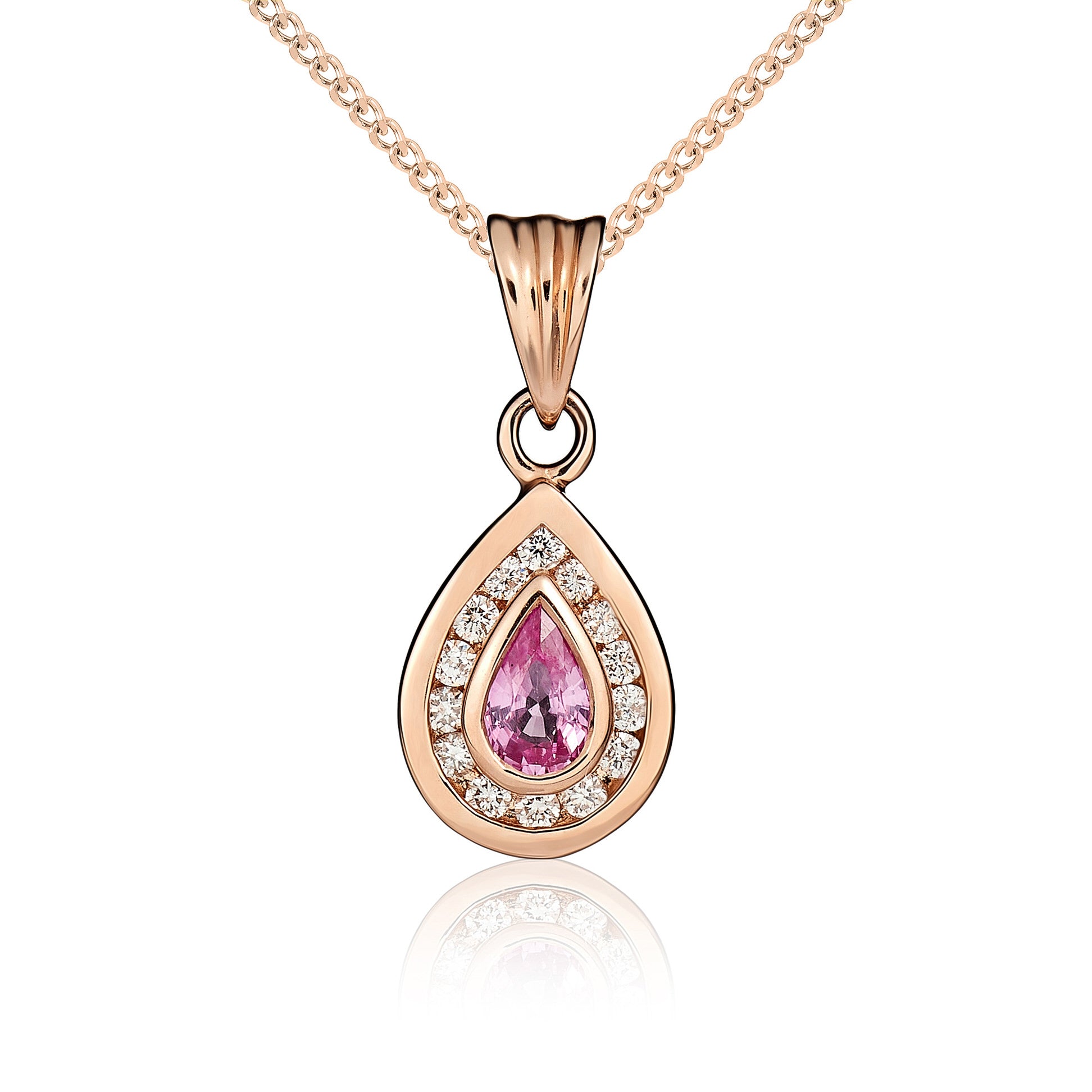 9ct Rose Gold Pear Pink Sapphire & Diamond Cluster Pendant