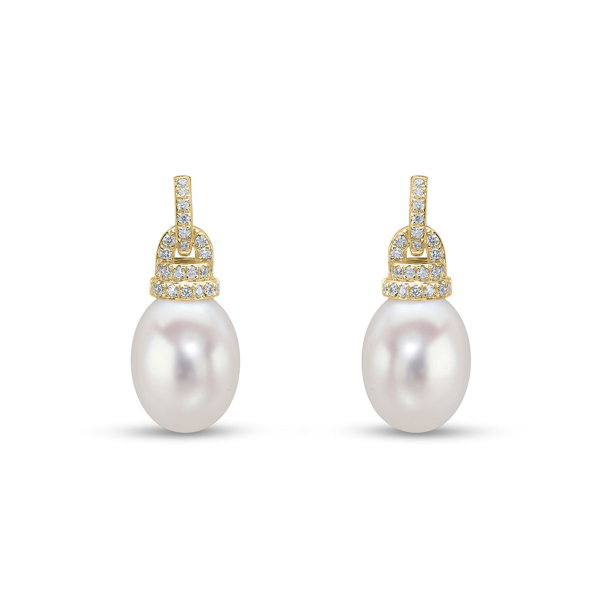 18ct Yellow Gold Cfw Pearl Diamond Line and Cap Drop Earrings
