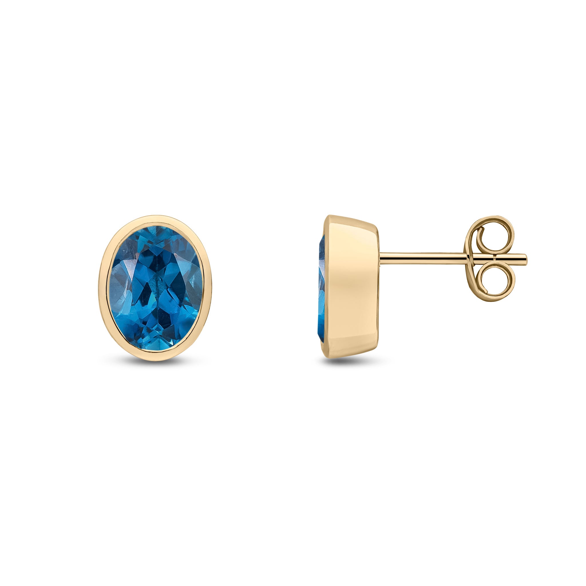 9ct Yellow Gold 8x6 Oval London Blue Topaz Rubover Earrings