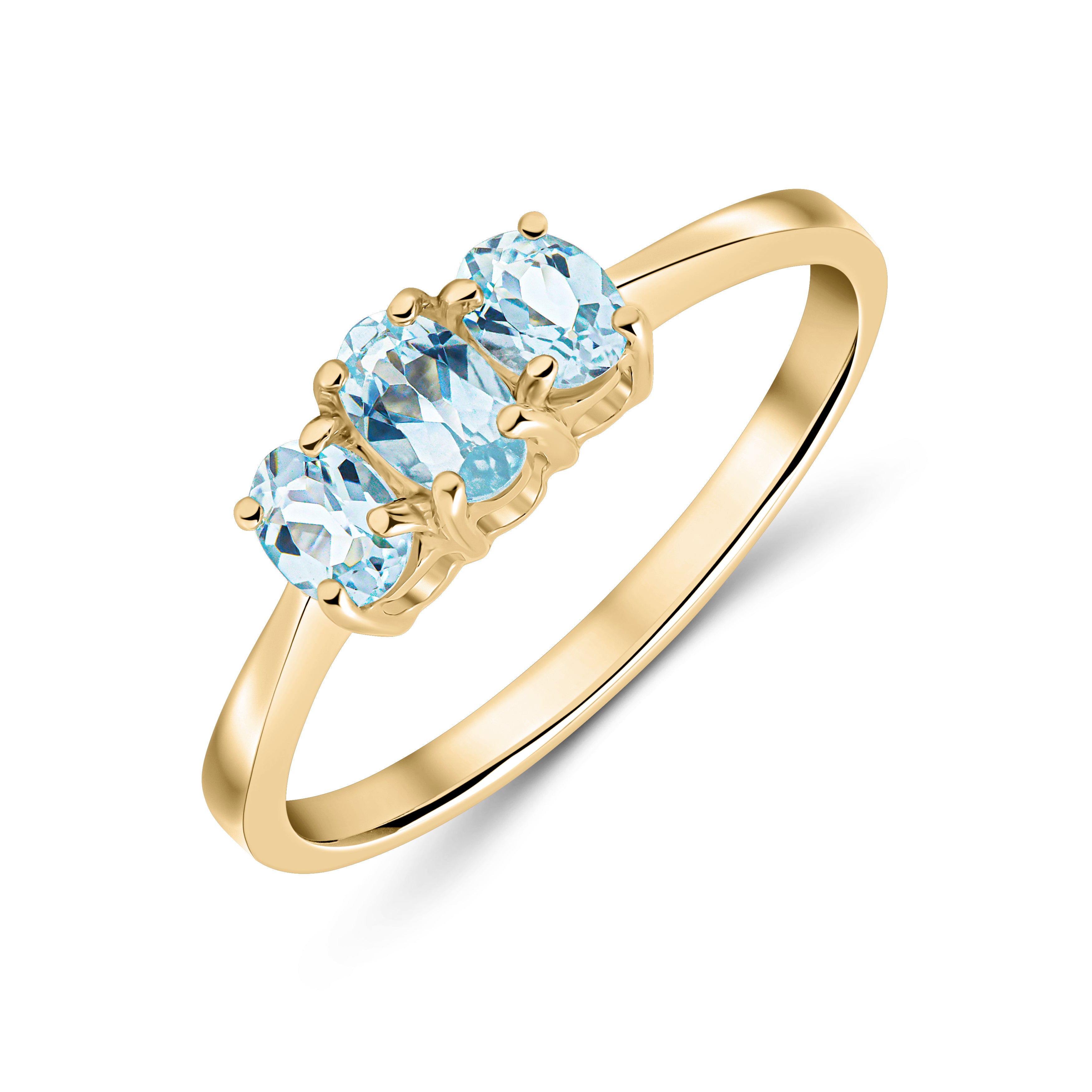 9ct Yellow Gold Oval Aquamarine 3 Stone Claw Set Ring