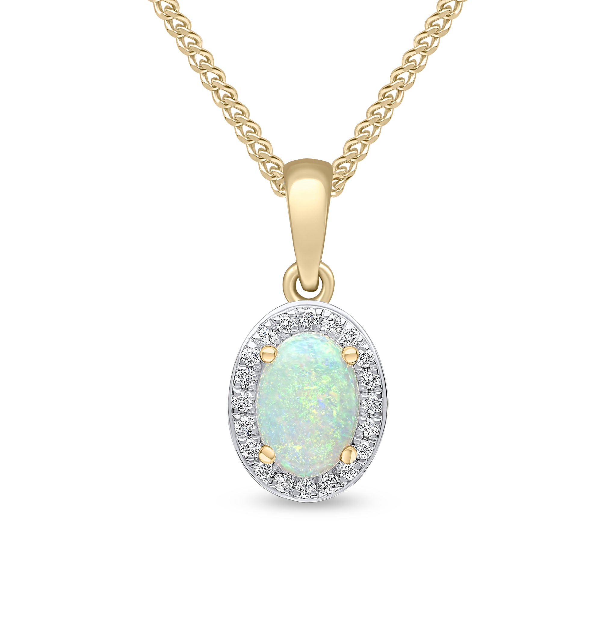 18ct Yellow Gold Claw Set 7x5 Oval Opal and Grain Set Round Diamond Cluster Pendant Rhodium to Diamonds