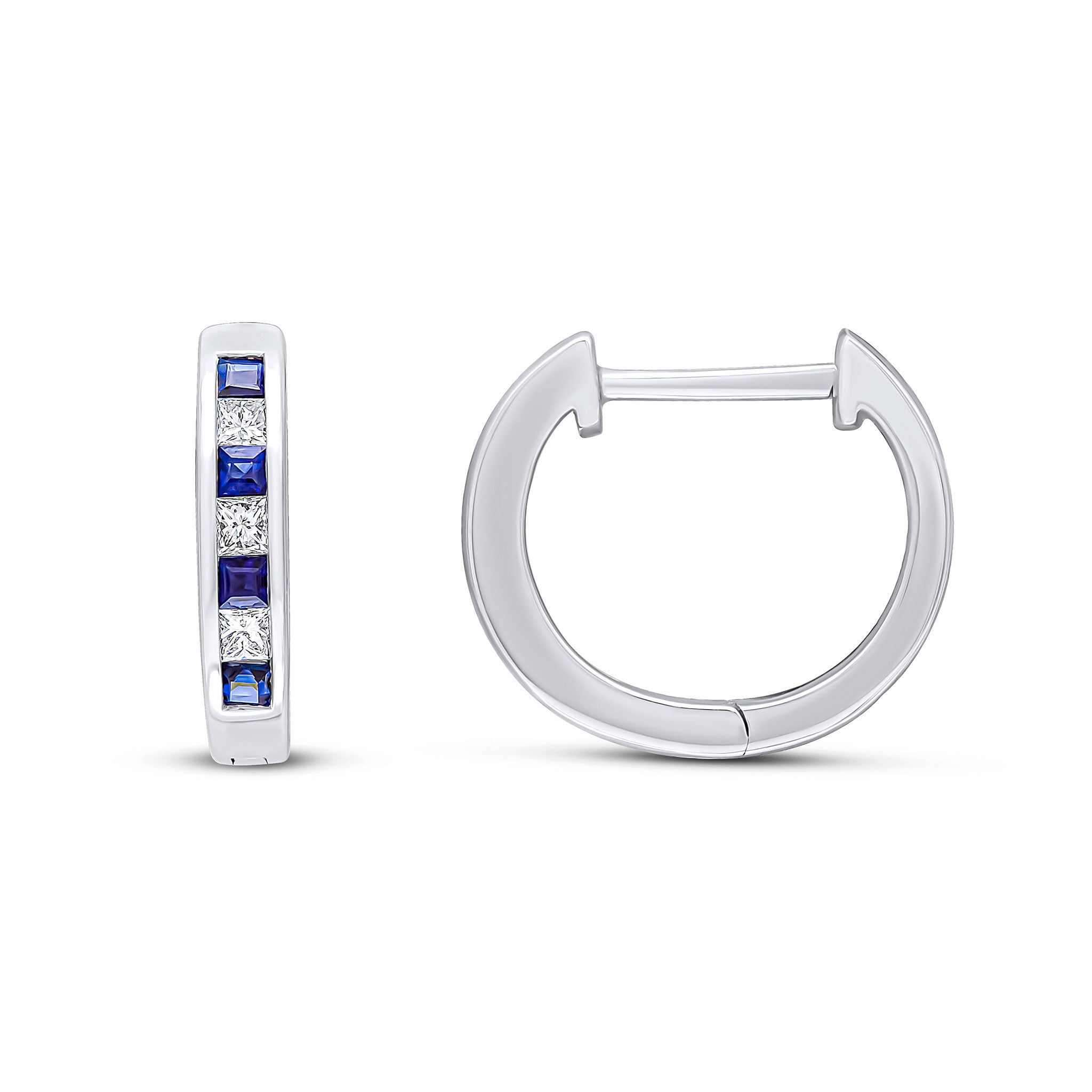 18ct White Gold Square Sapphire & Diamond Channel Set Huggy Earrings