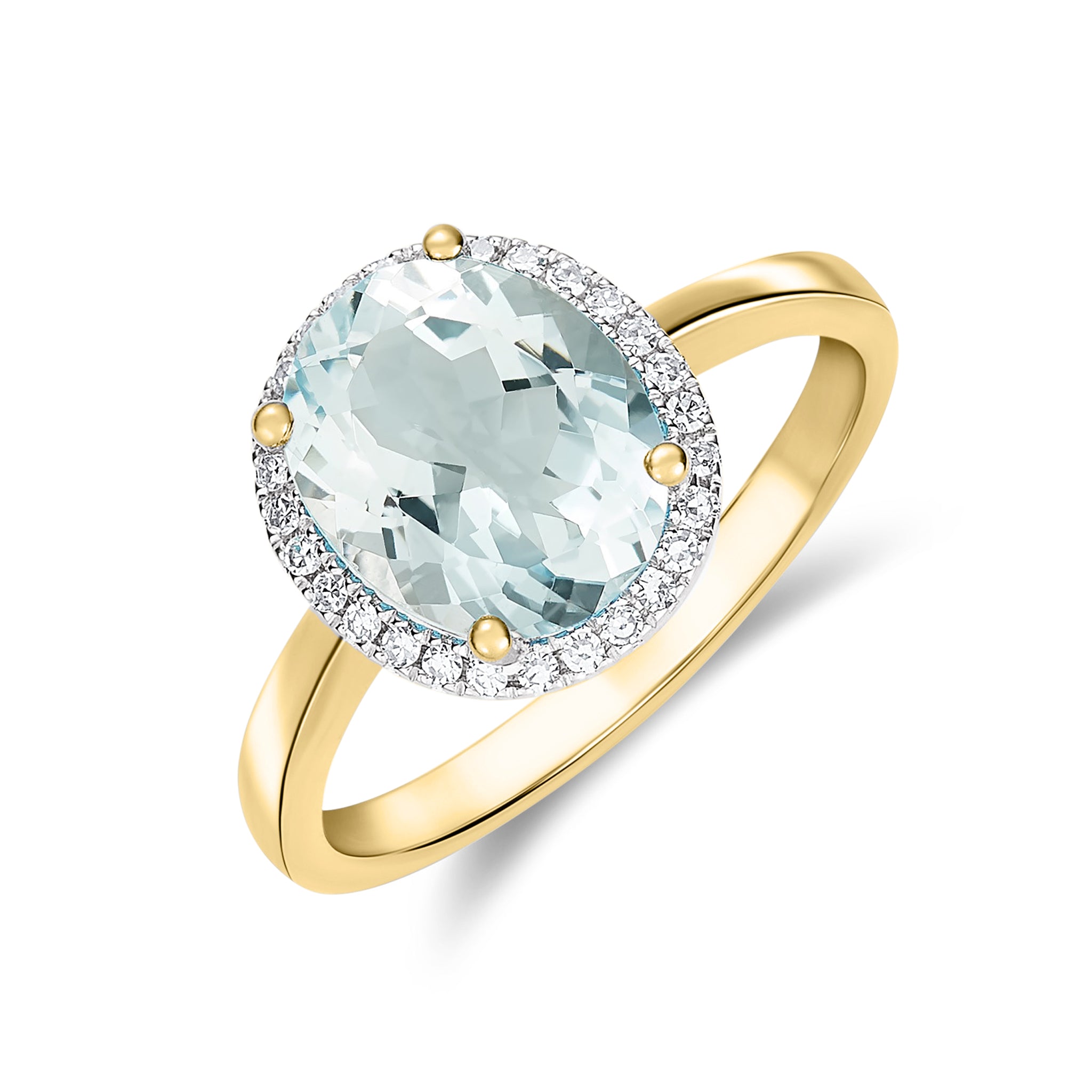 9ct Yellow Gold 10x8 Oval Aquamarine and Diamond Claw Set Cluster Ring Rhodium to Diamonds
