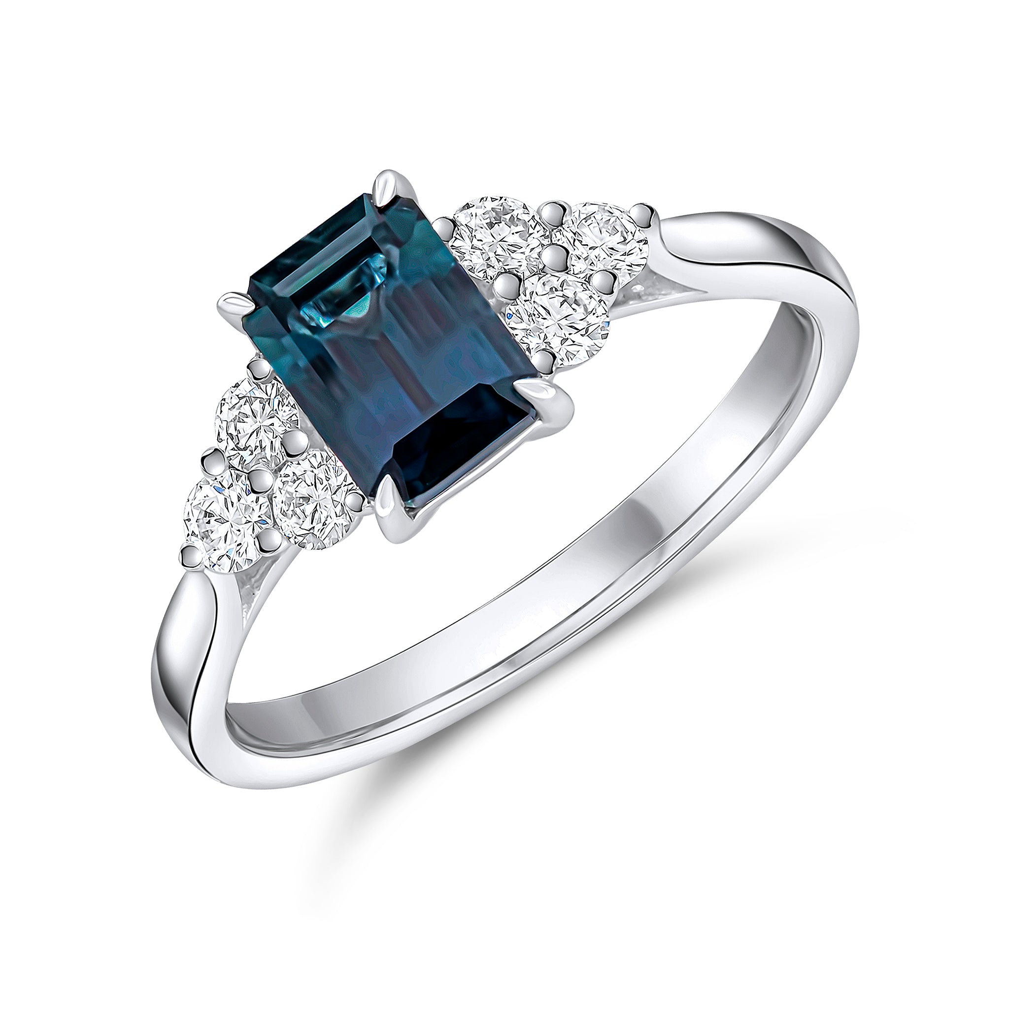 18ct White Gold Octagon Sapphire and Diamond Trefoils Claw Set Ring