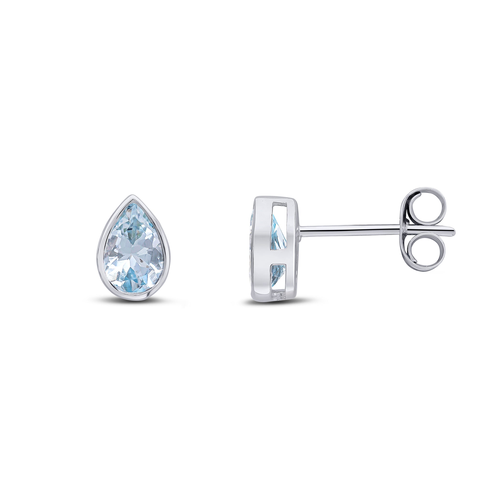 9ct White Gold 6x4 Pear Shape Aquamarine Rubover Set Earrings