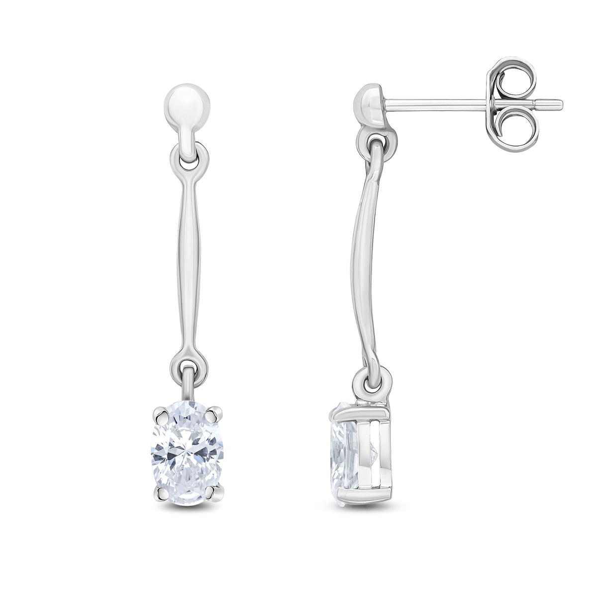 9ct White Gold Claw Set 6x4mm Oval CZ and Bar Drop Earrings