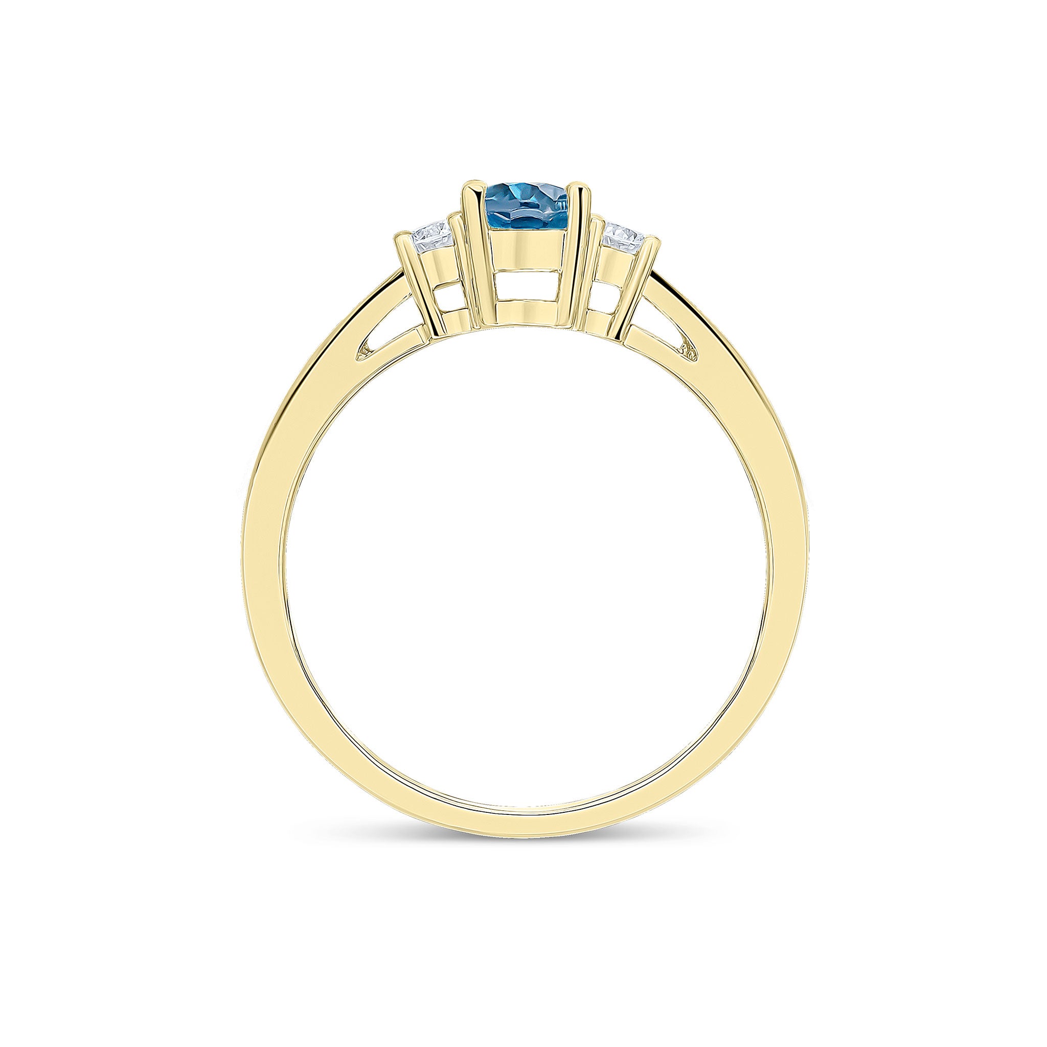 9CT YG 6X4 OVAL LONDON BLUE TOPAZ AND ROUND DIAMOND CLAW SET 3ST RING. RHODIUM TO DIAMONDS 1