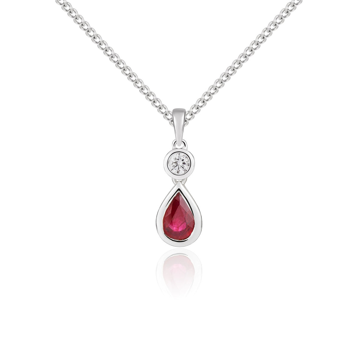 18ct White Gold Pear Shape Ruby and Round Diamond 2 Stone Rubover Pendant
