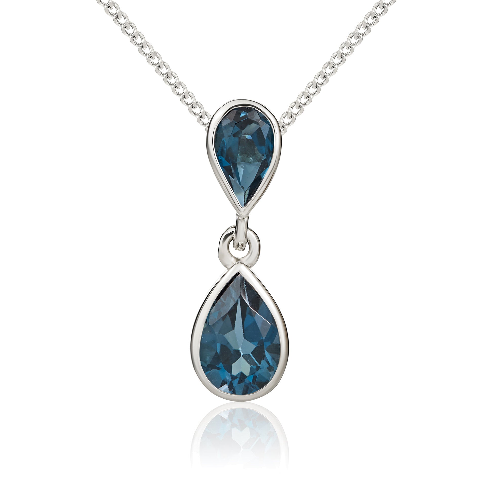 9ct White Gold Pear Shaped London Blue Topaz Rubover Double Drop Pendant