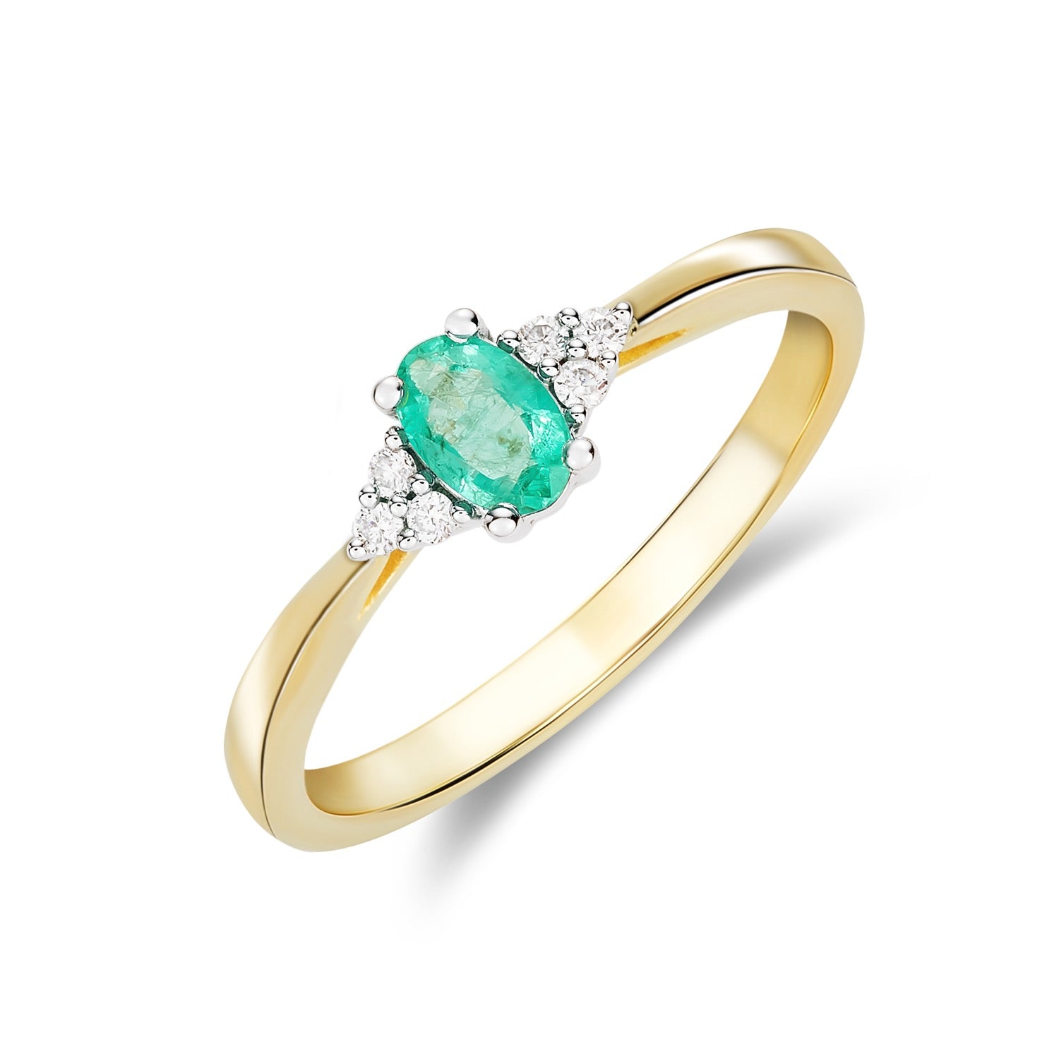 9CT YWG 6X4 OVAL EMERALD AND ROUND DIAMOND TREFOIL SHOULDERS RING 1