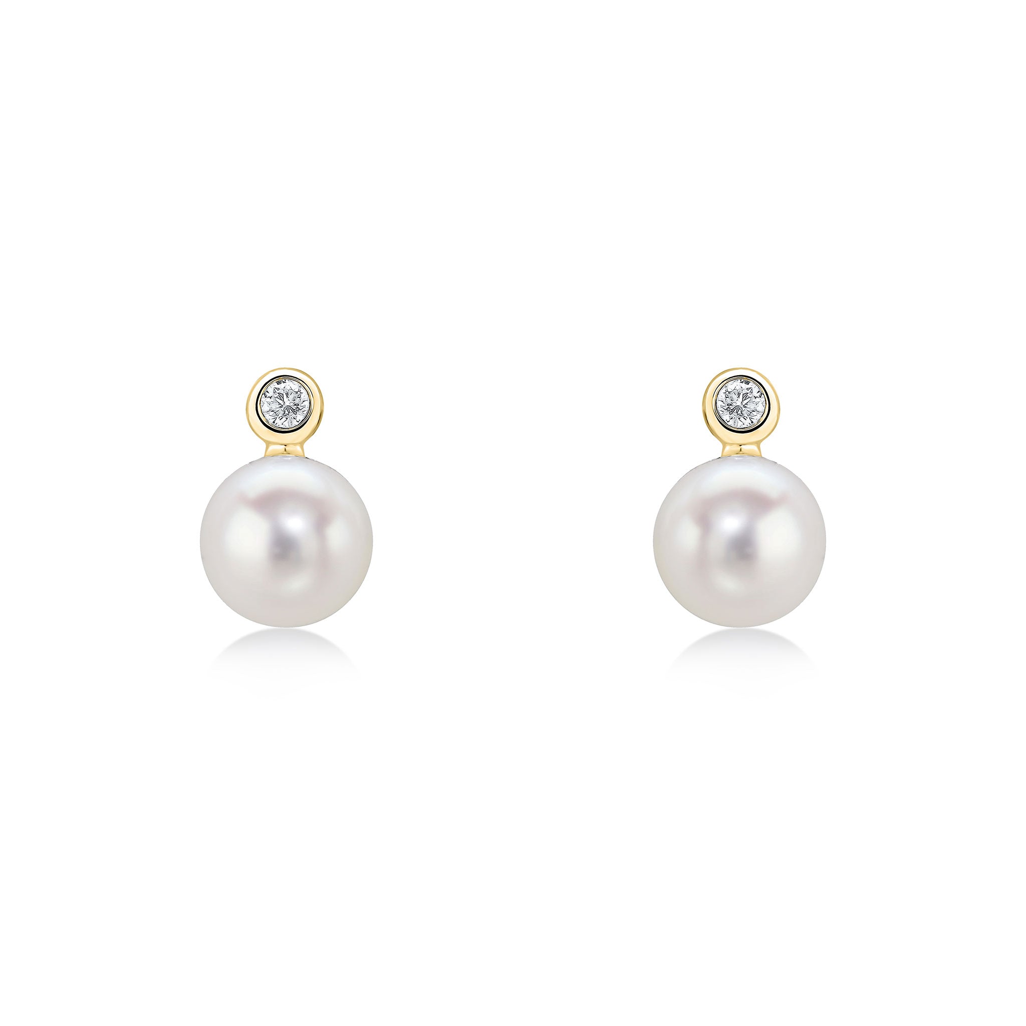 18ct Yellow Gold Diamond & Freshwater Pearl 2 Stone Rubover Stud Earrings