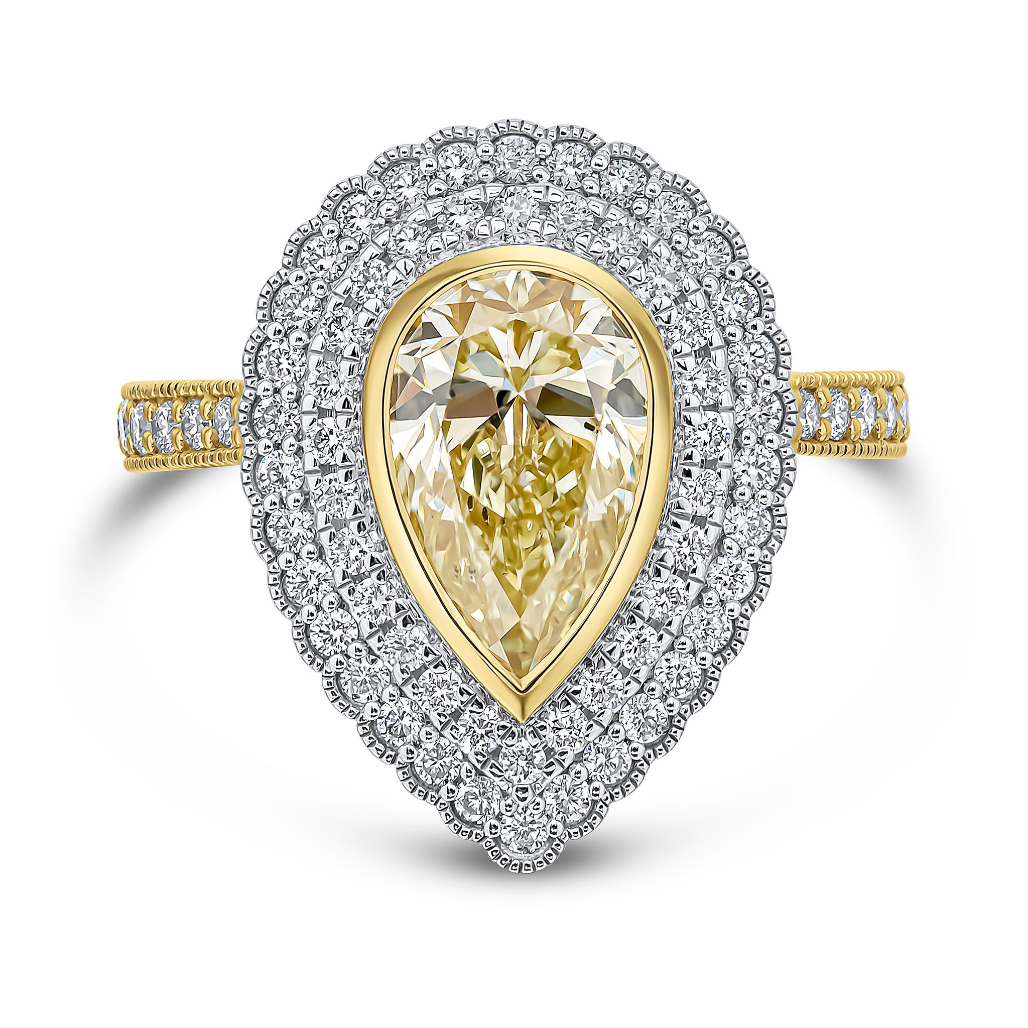 18ywg Pear Shape Yellow Diamond & Diamond Two Row Cluster Ring