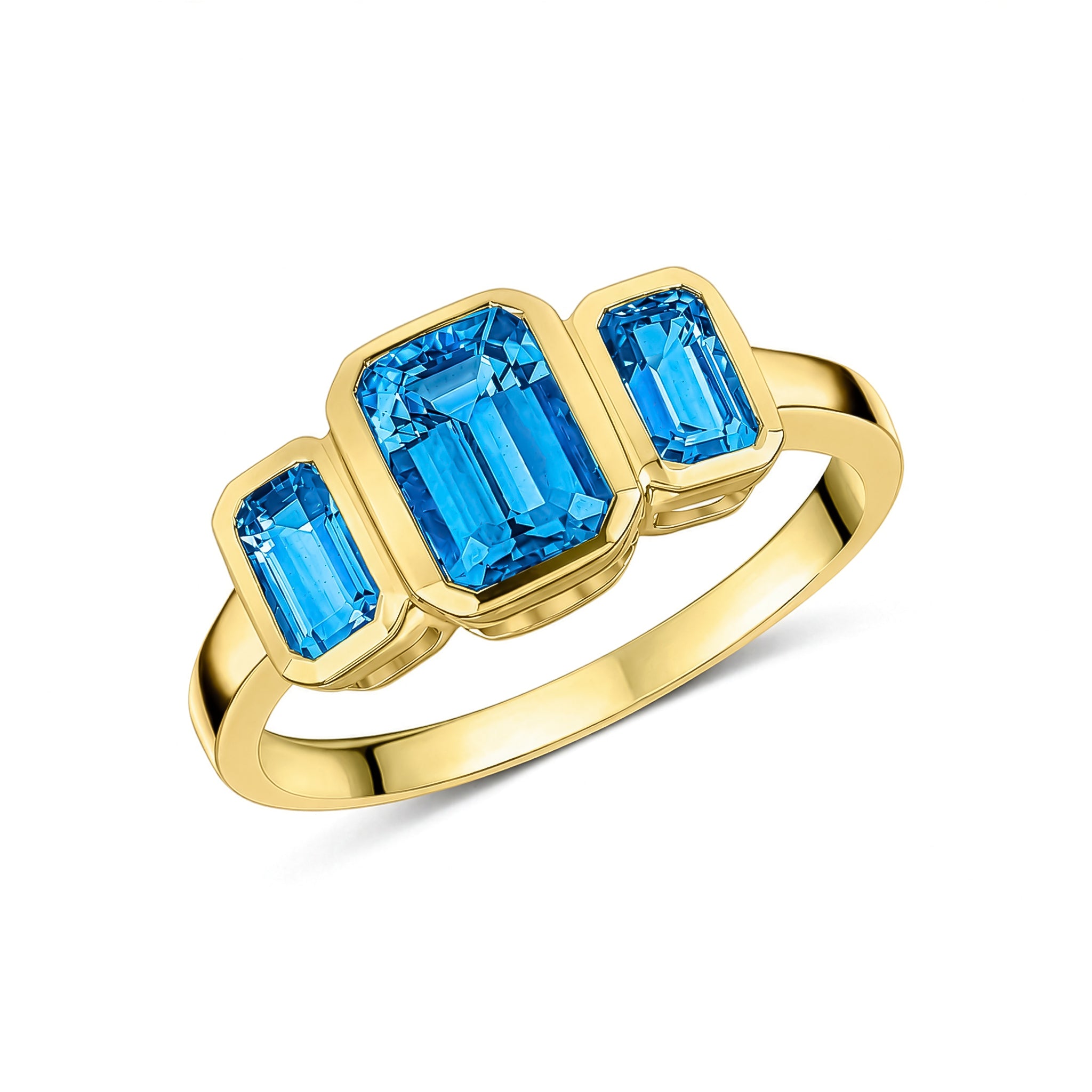 9ct Yellow Gold Octagon Swiss Blue Topaz Rubover Set 3 Stone Ring